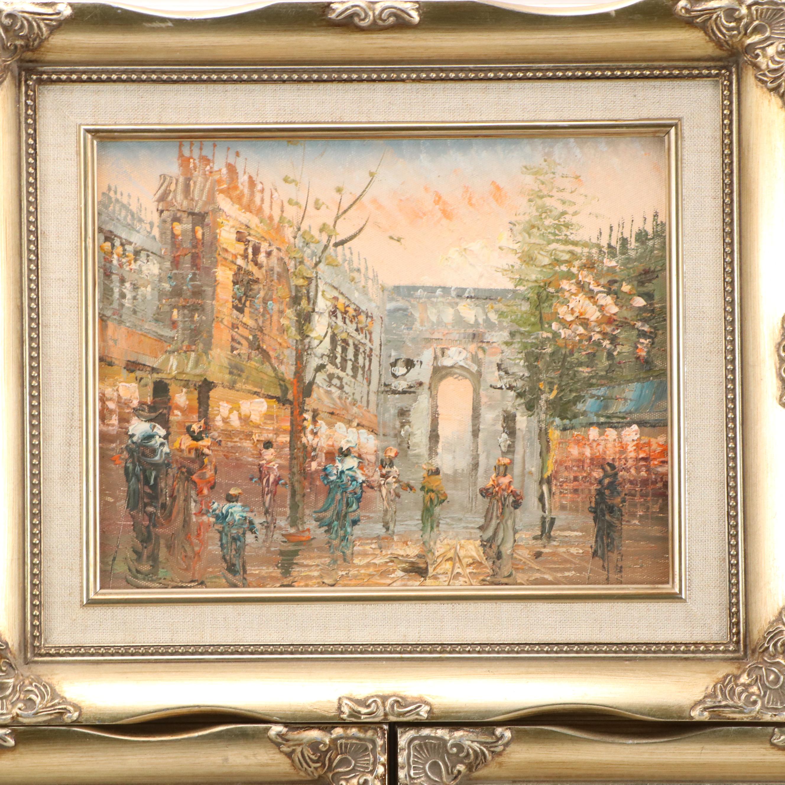 Set of Impressionist Style Oil Paintings Depicting Urban Street Scenes