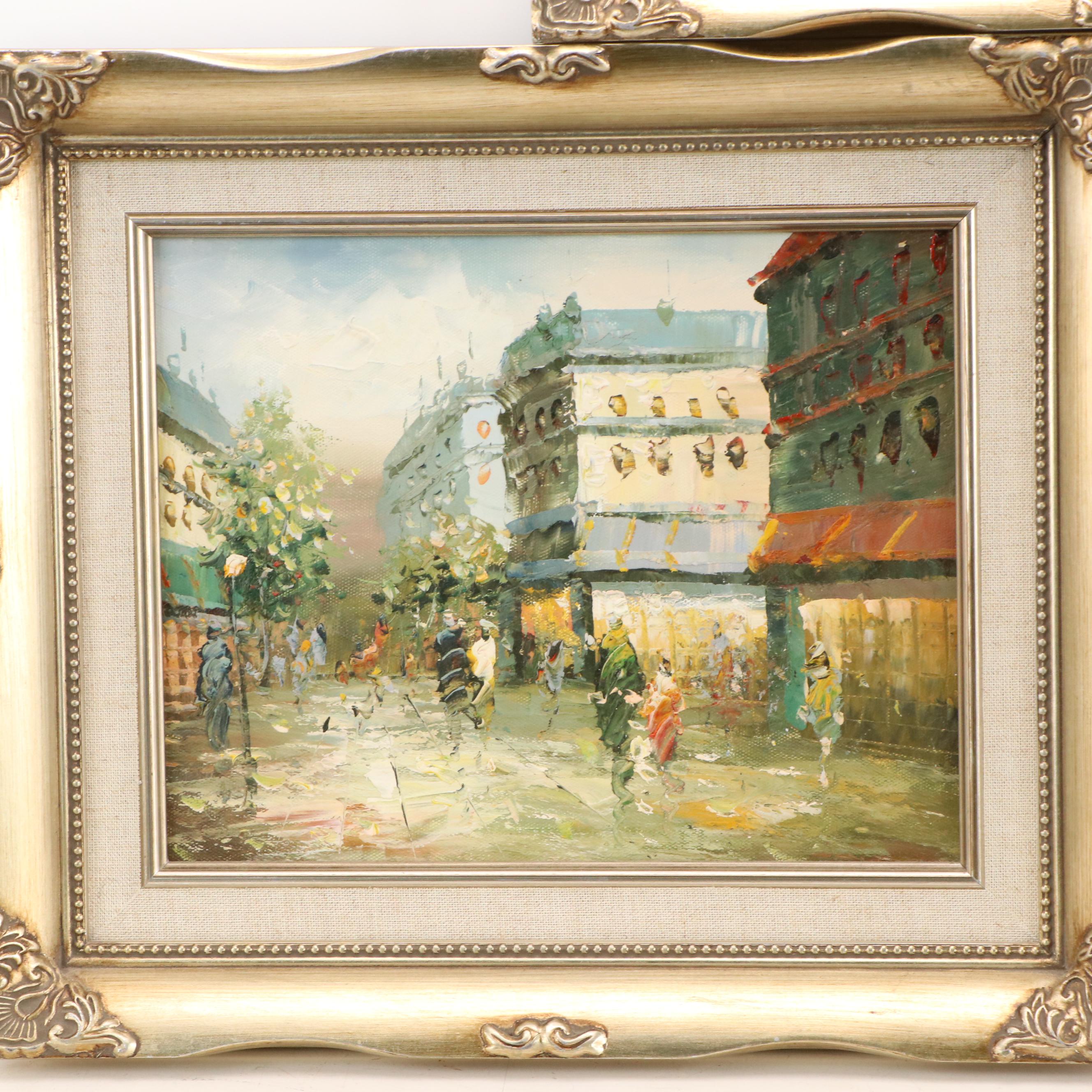 Set of Impressionist Style Oil Paintings Depicting Urban Street Scenes