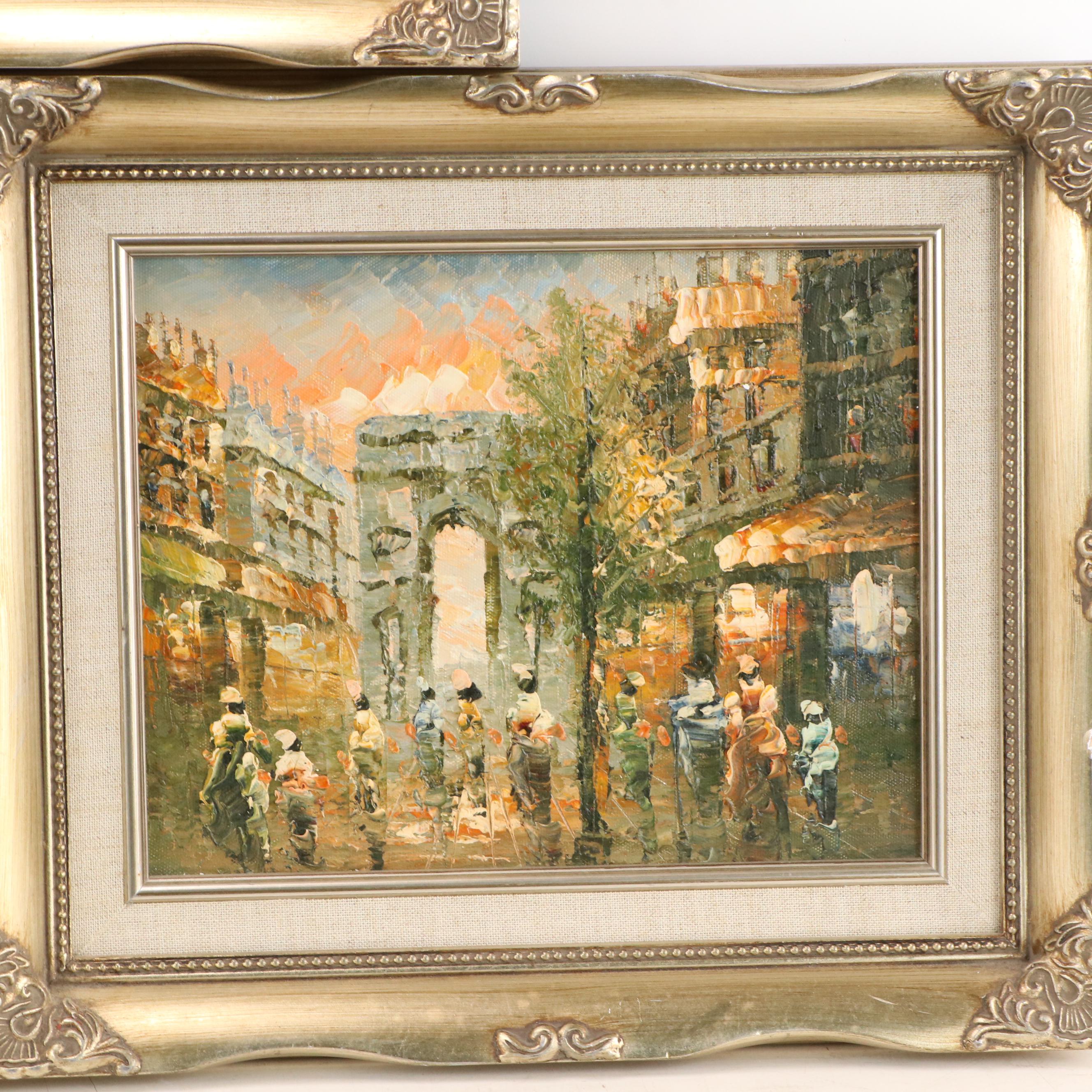 Set of Impressionist Style Oil Paintings Depicting Urban Street Scenes