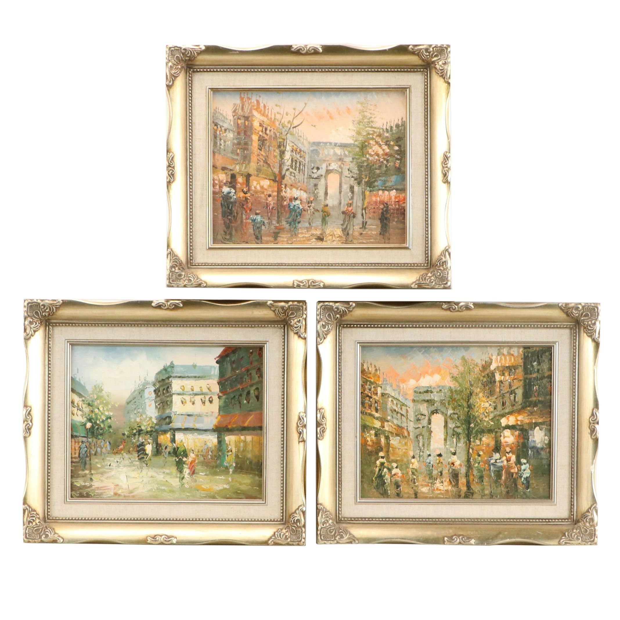 Set of Impressionist Style Oil Paintings Depicting Urban Street Scenes