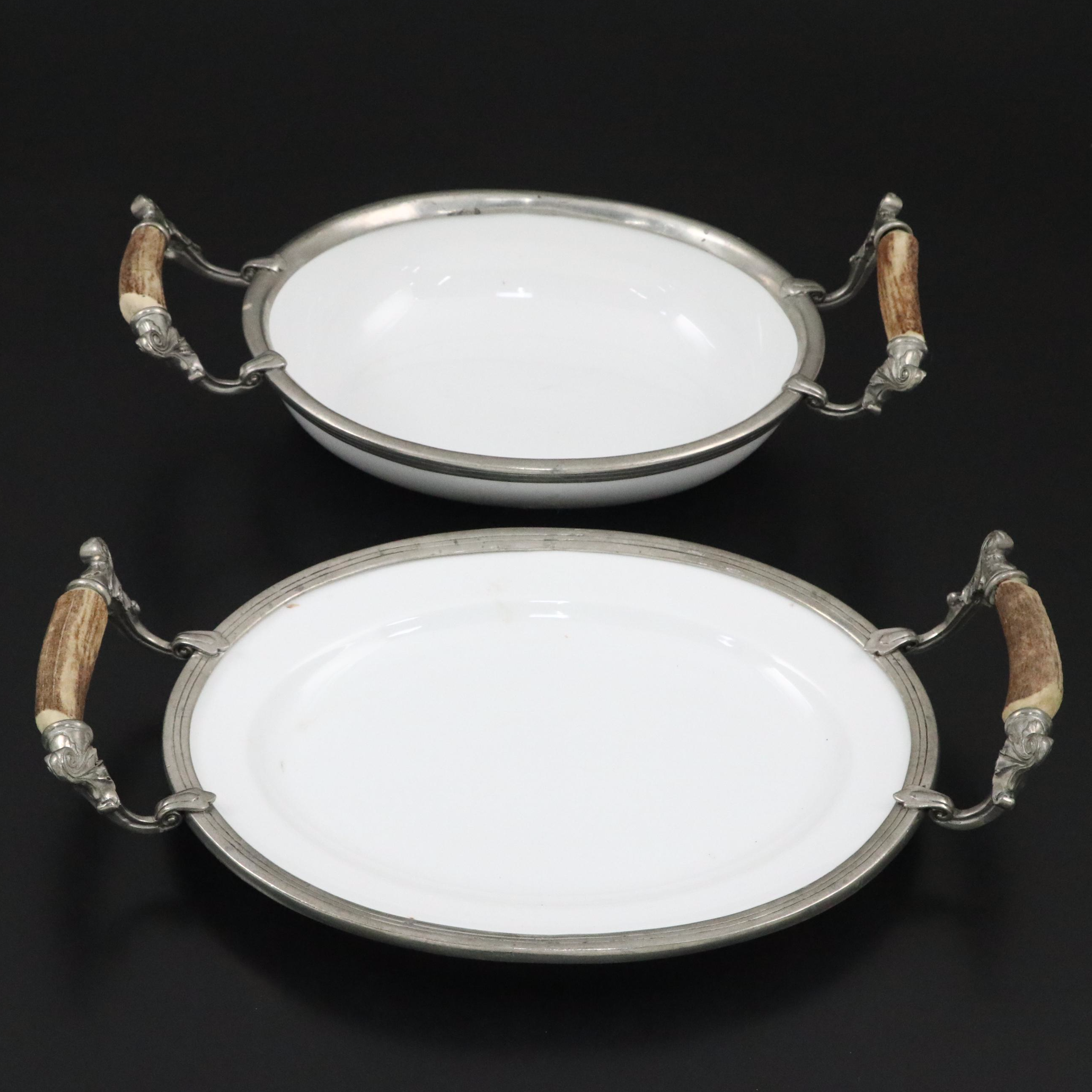 Vagabond House Antler Handled Ceramic and Pewter Serving Dishes