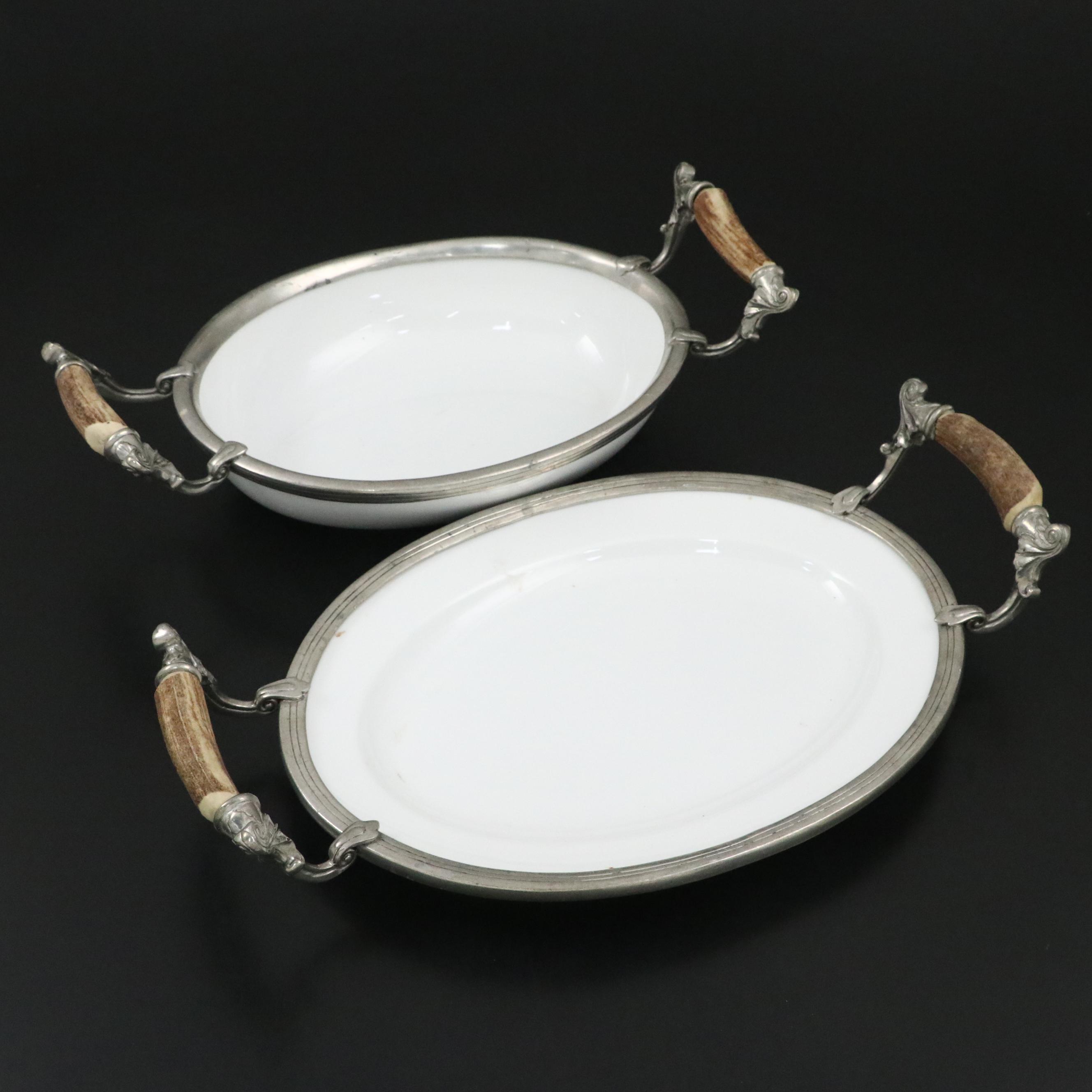 Vagabond House Antler Handled Ceramic and Pewter Serving Dishes