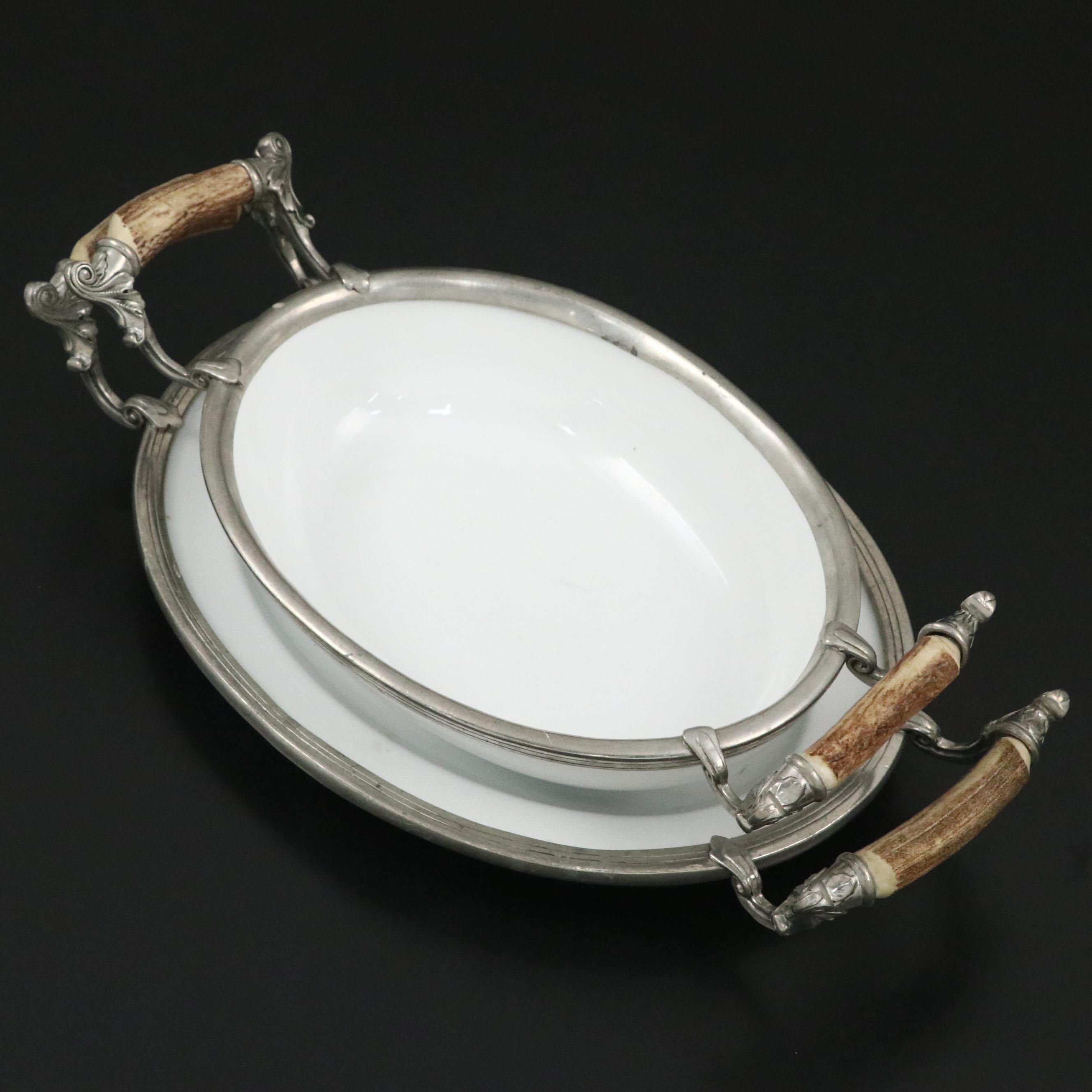 Vagabond House Antler Handled Ceramic and Pewter Serving Dishes