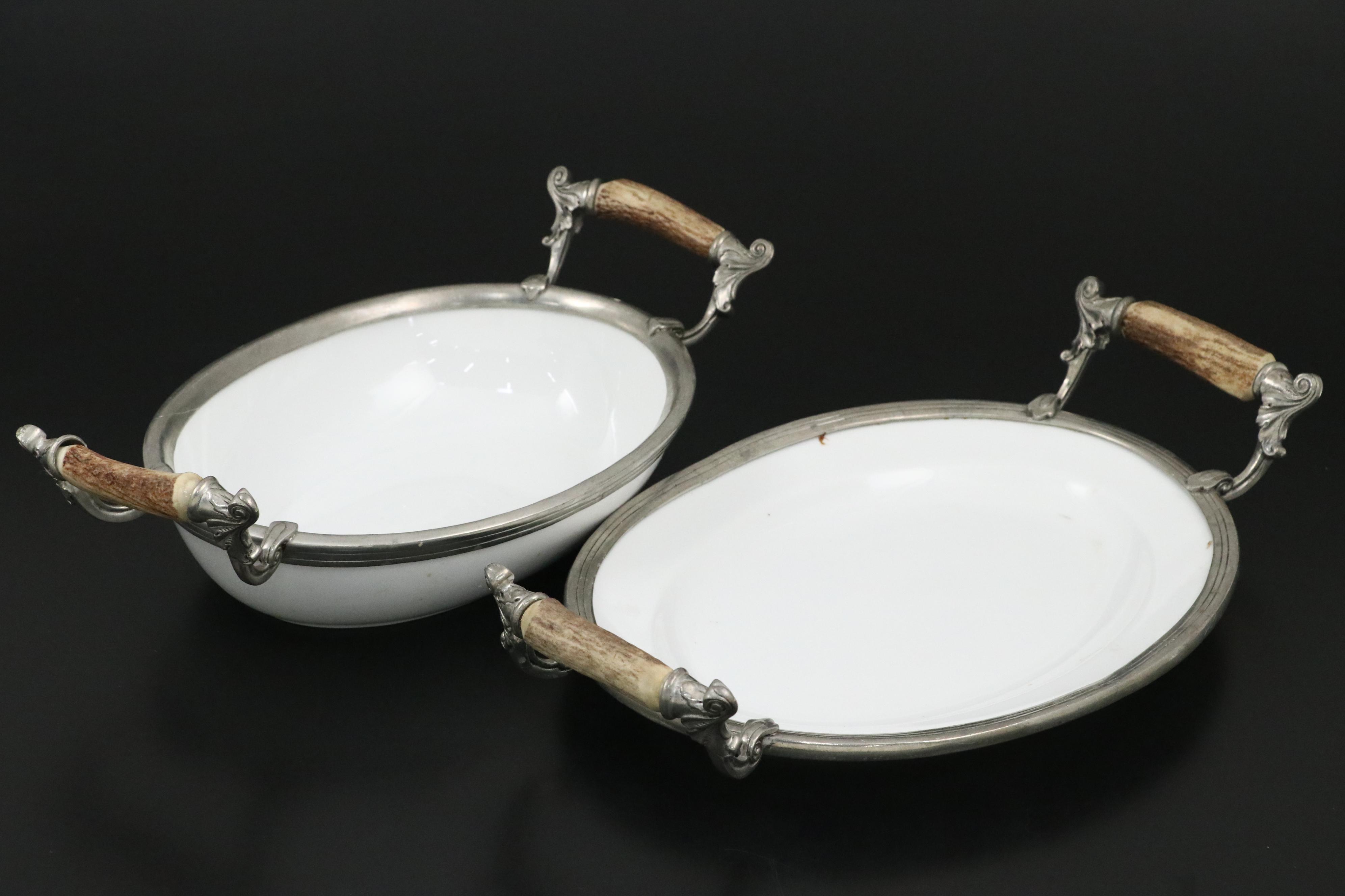 Vagabond House Antler Handled Ceramic and Pewter Serving Dishes