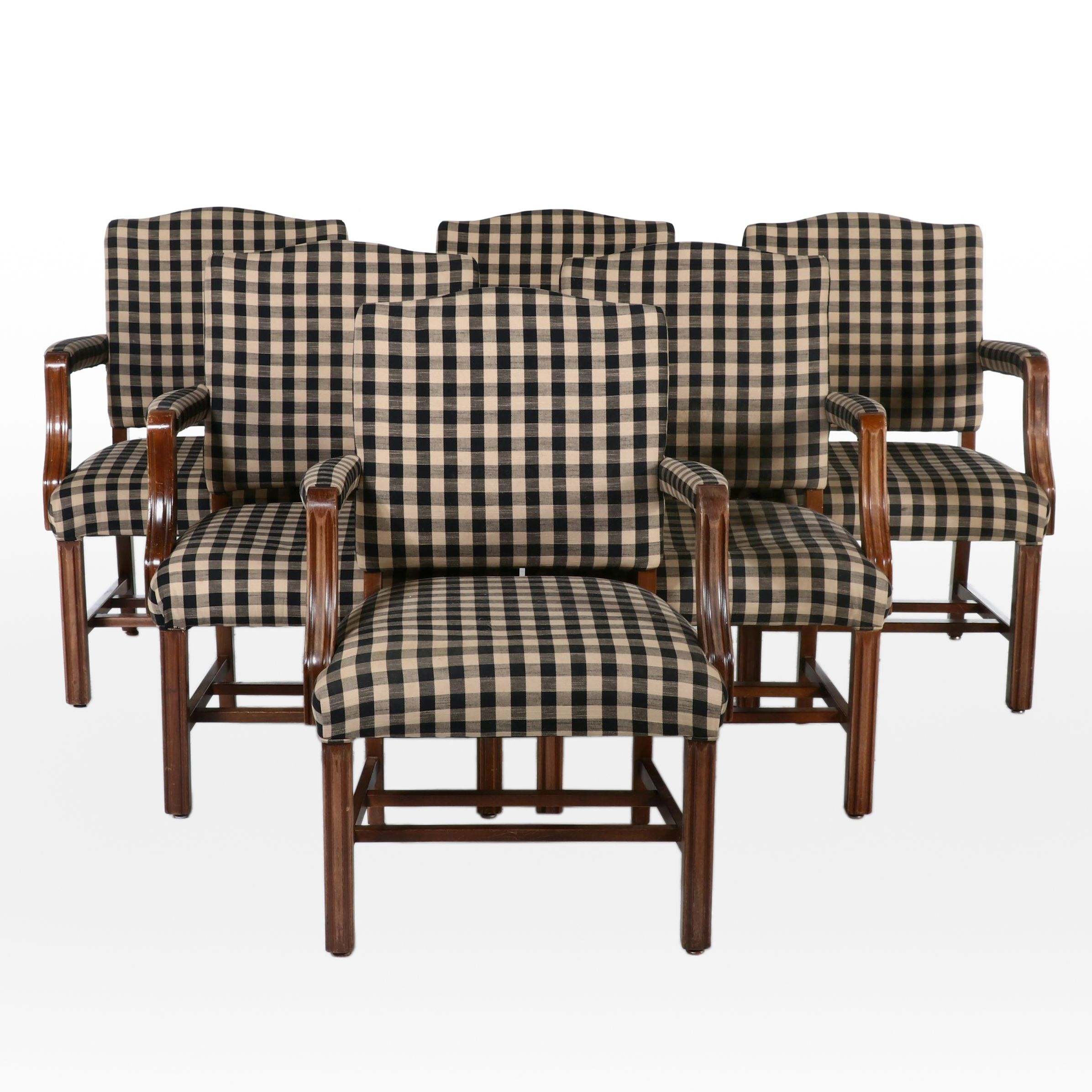 Six Federal Style Walnut and Buffalo Check Dining Armchairs