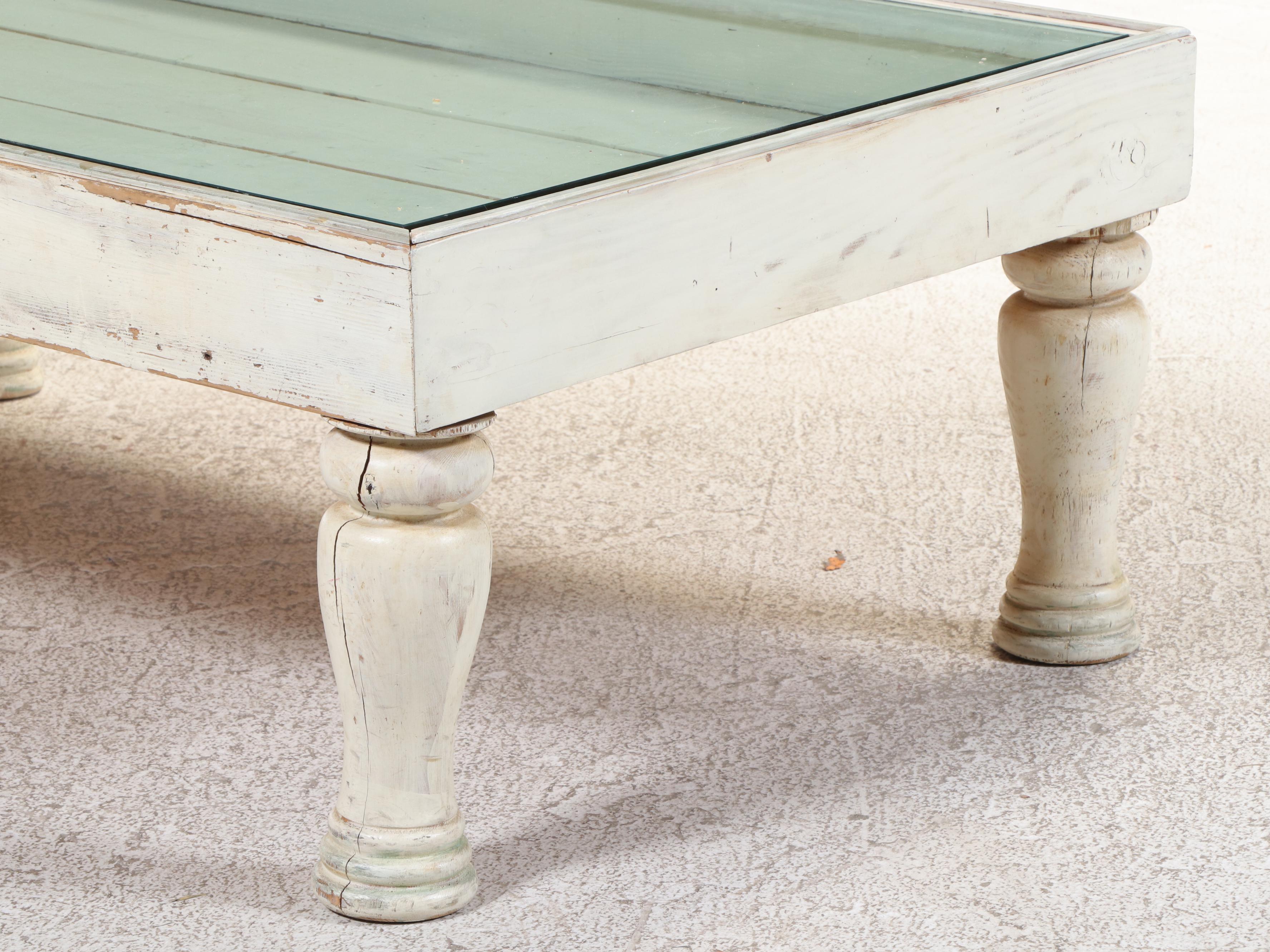 Farmhouse Style Painted and Reclaimed Pine and Glass Top Vitrine Coffee Table