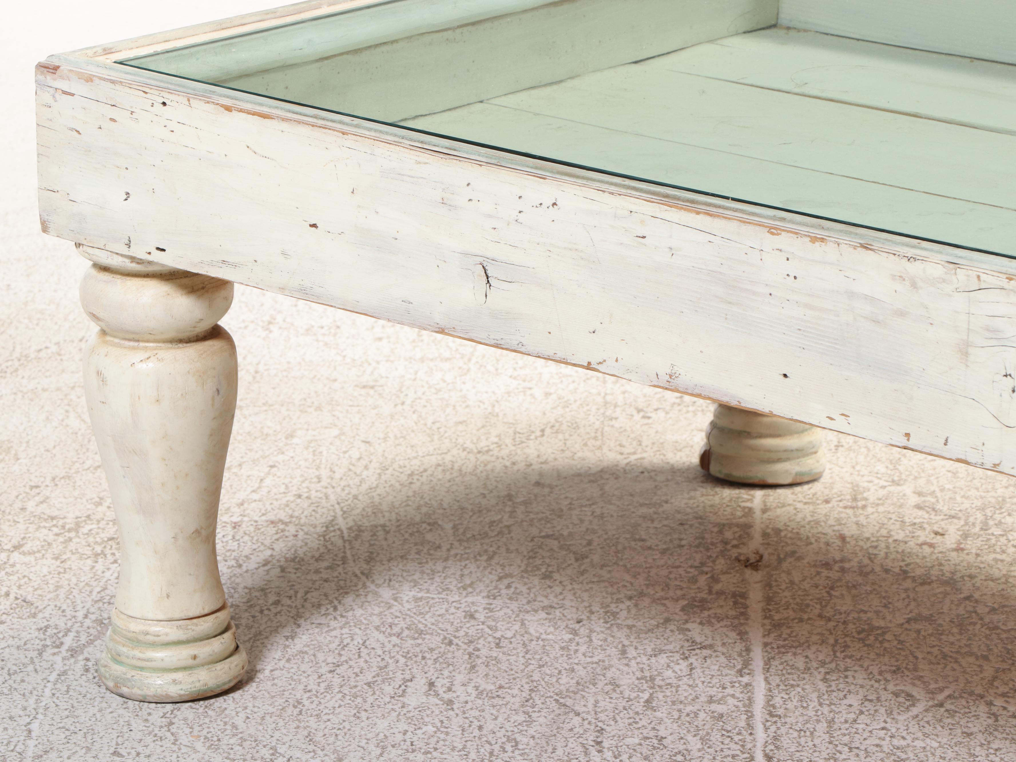 Farmhouse Style Painted and Reclaimed Pine and Glass Top Vitrine Coffee Table