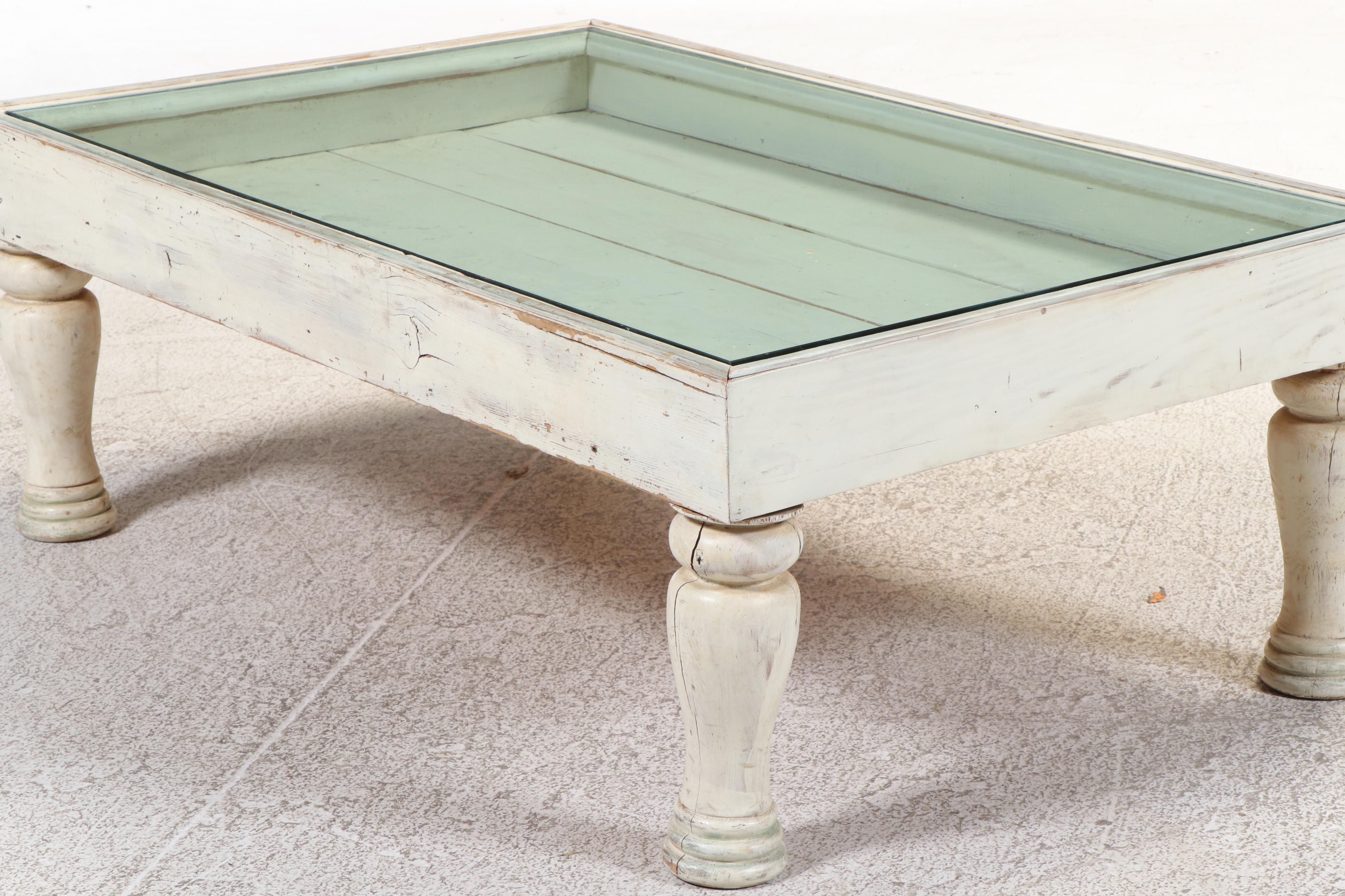 Farmhouse Style Painted and Reclaimed Pine and Glass Top Vitrine Coffee Table