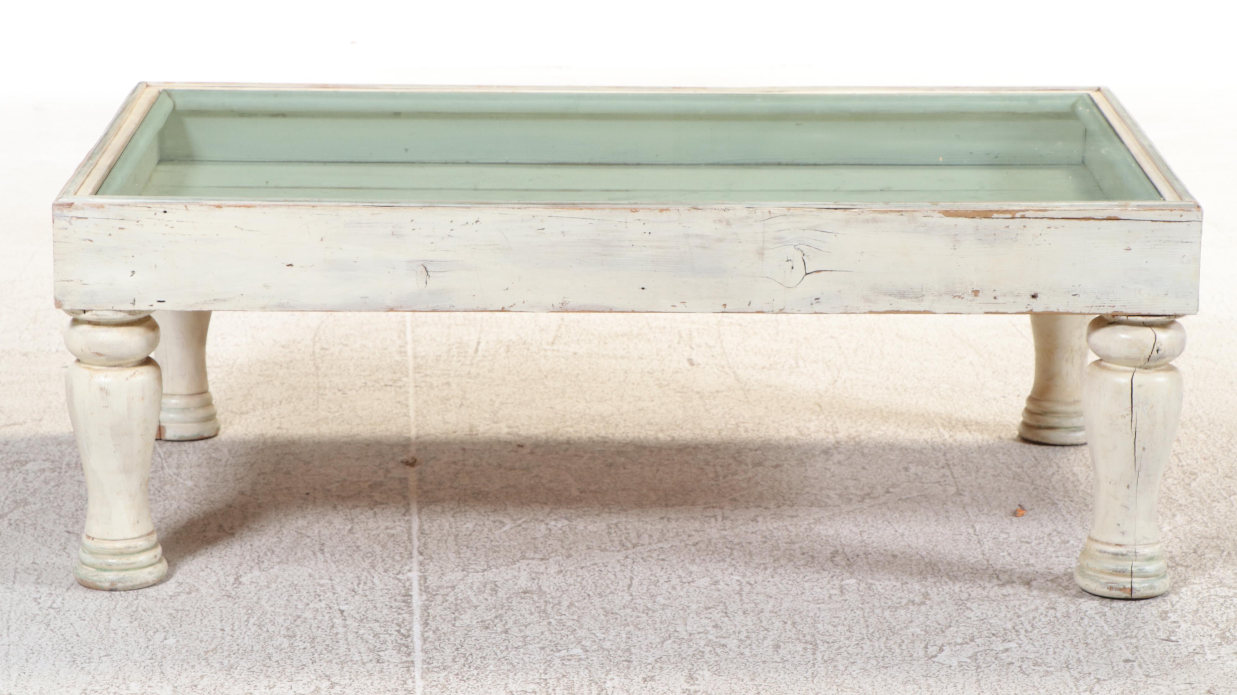 Farmhouse Style Painted and Reclaimed Pine and Glass Top Vitrine Coffee Table