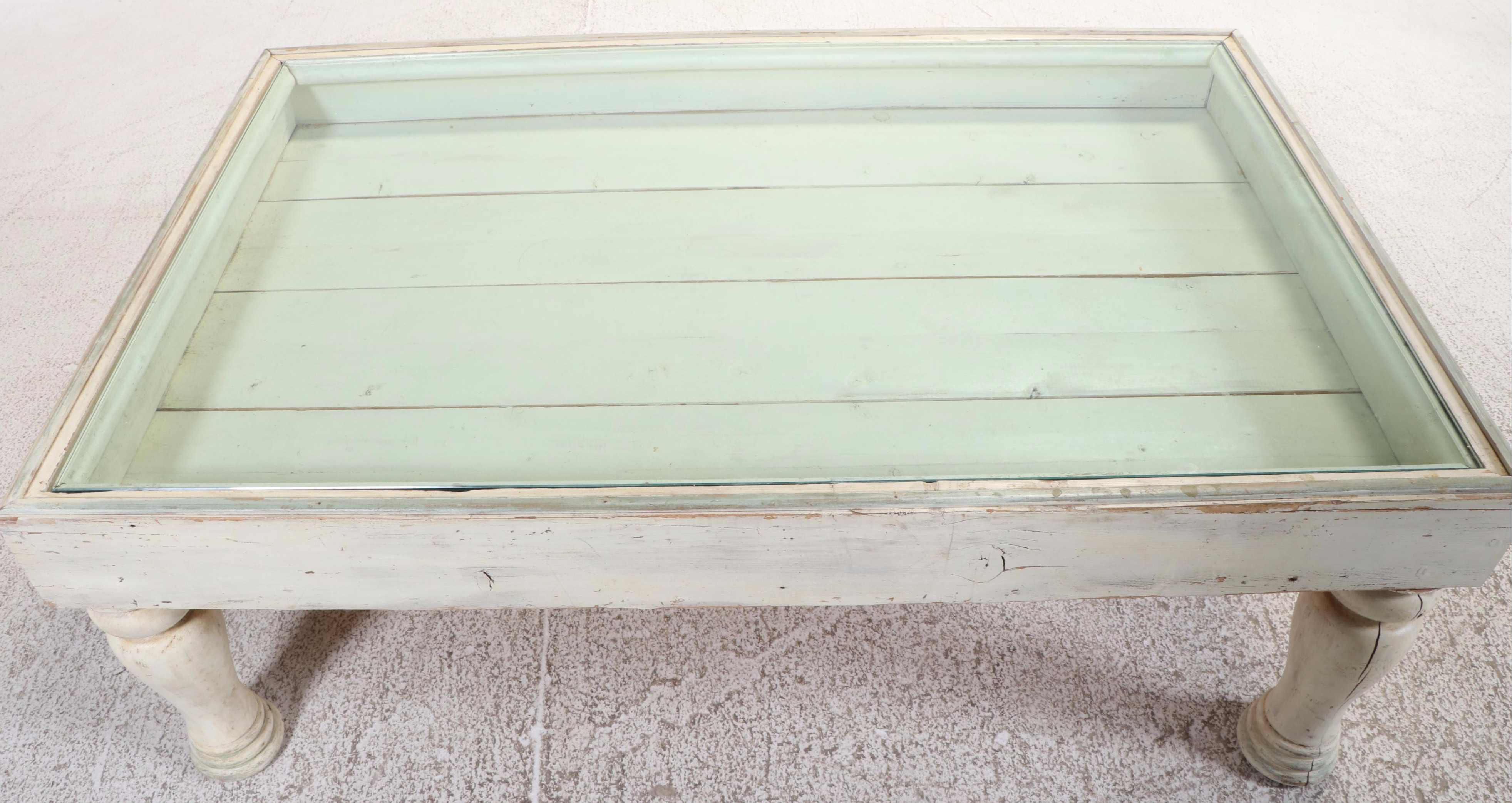 Farmhouse Style Painted and Reclaimed Pine and Glass Top Vitrine Coffee Table