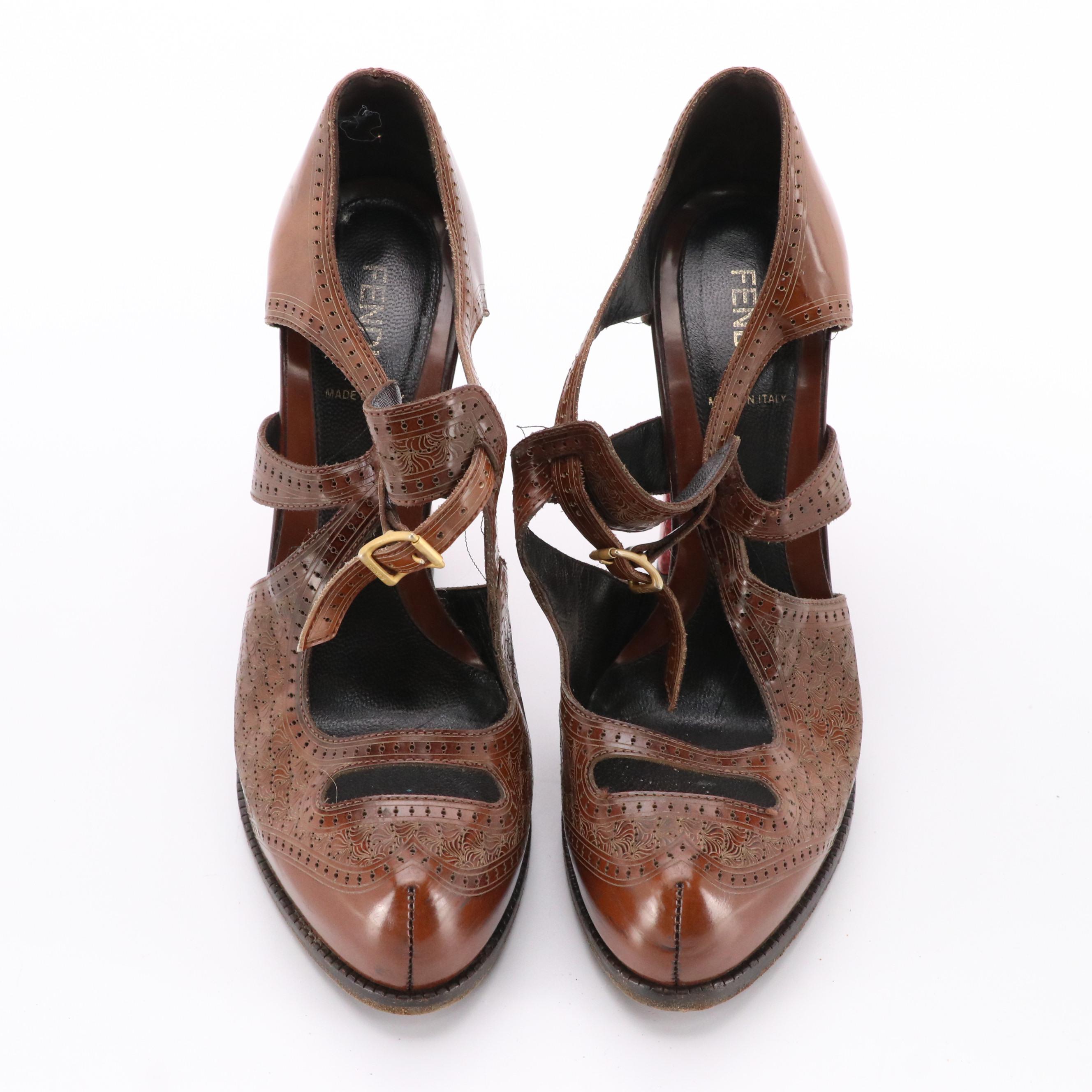 Fendi Chameleon Platform Mary Jane Brogue Pumps in Leather