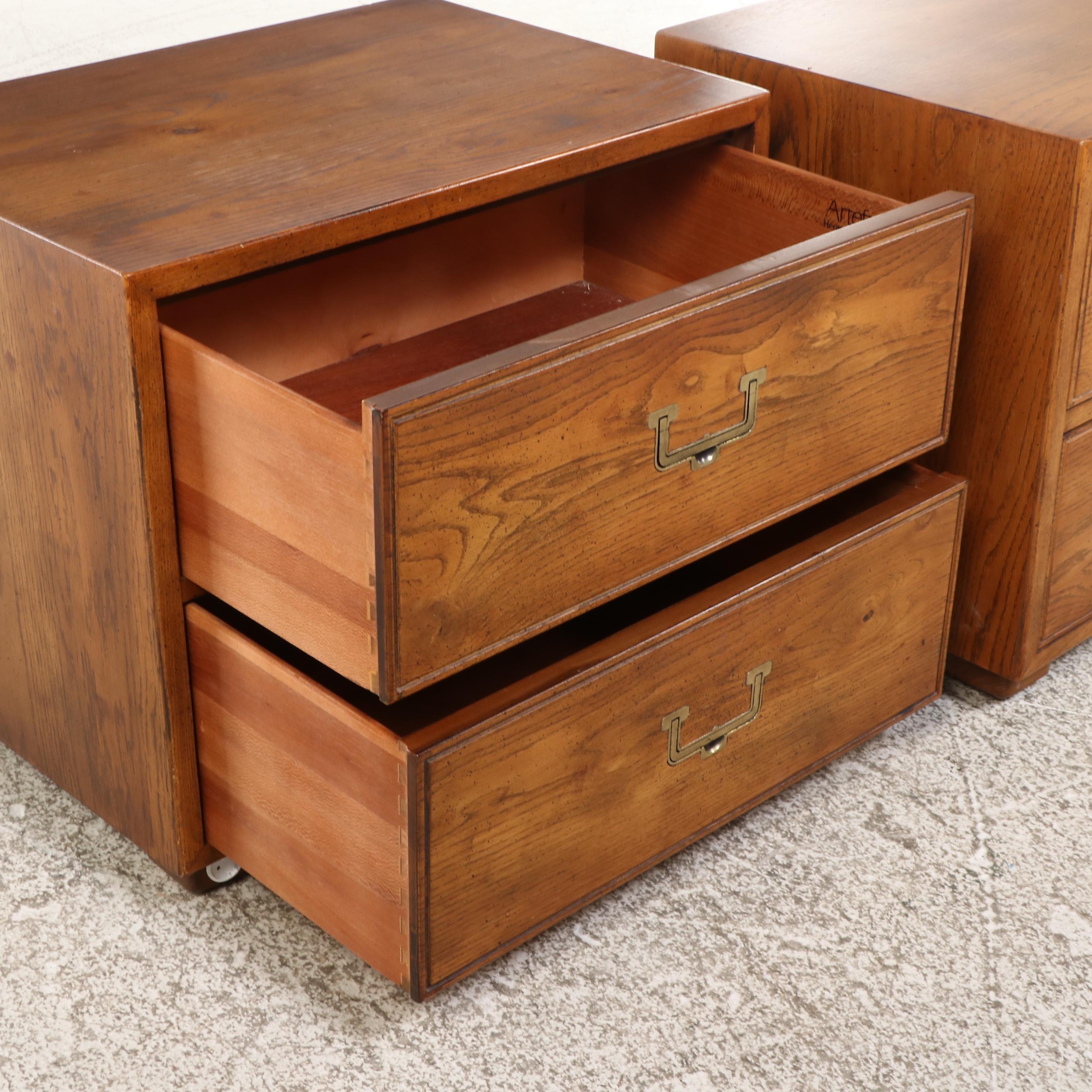 Pair of Henredon "Artefacts" Campaign Style Oak Two-Drawer Nightstands