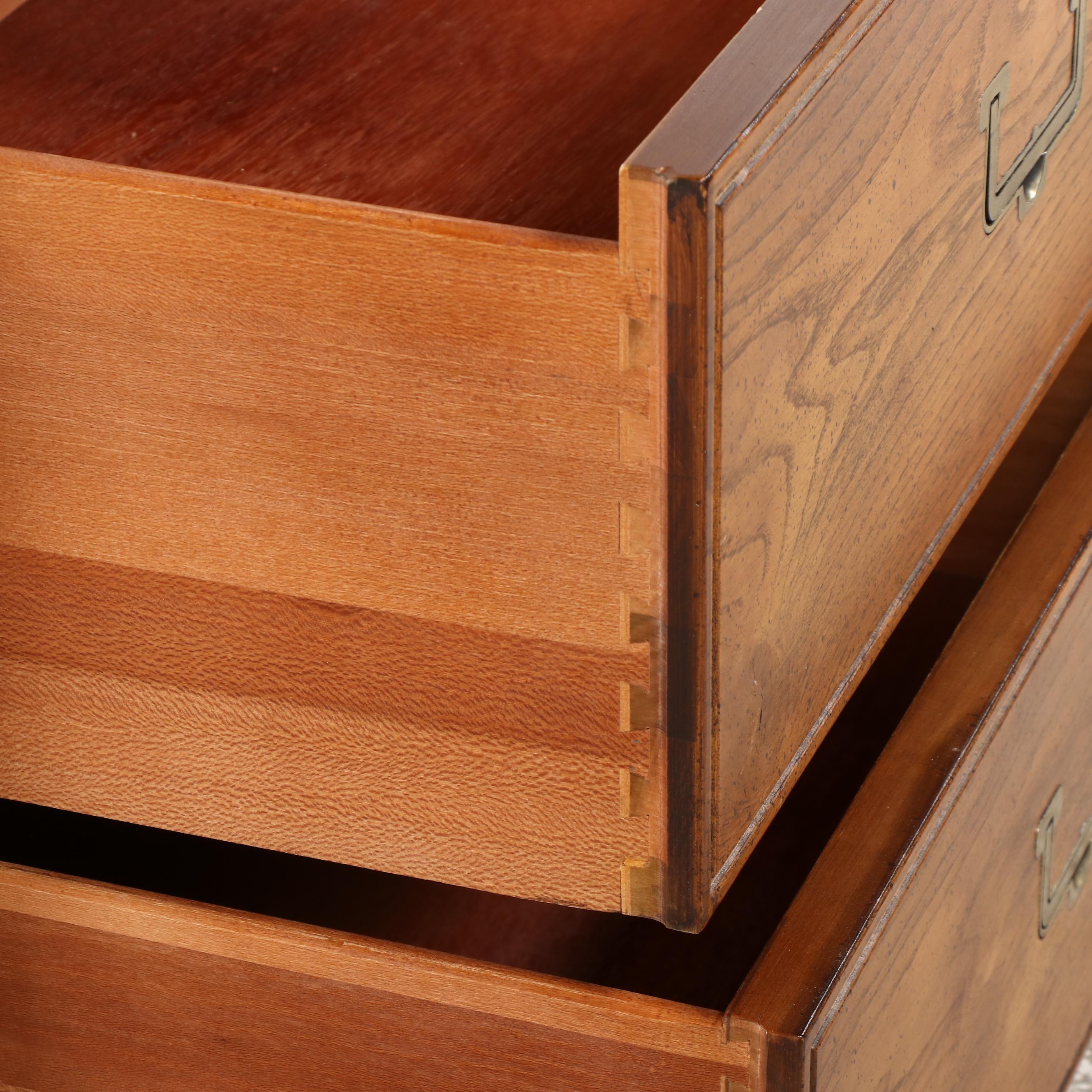 Pair of Henredon "Artefacts" Campaign Style Oak Two-Drawer Nightstands