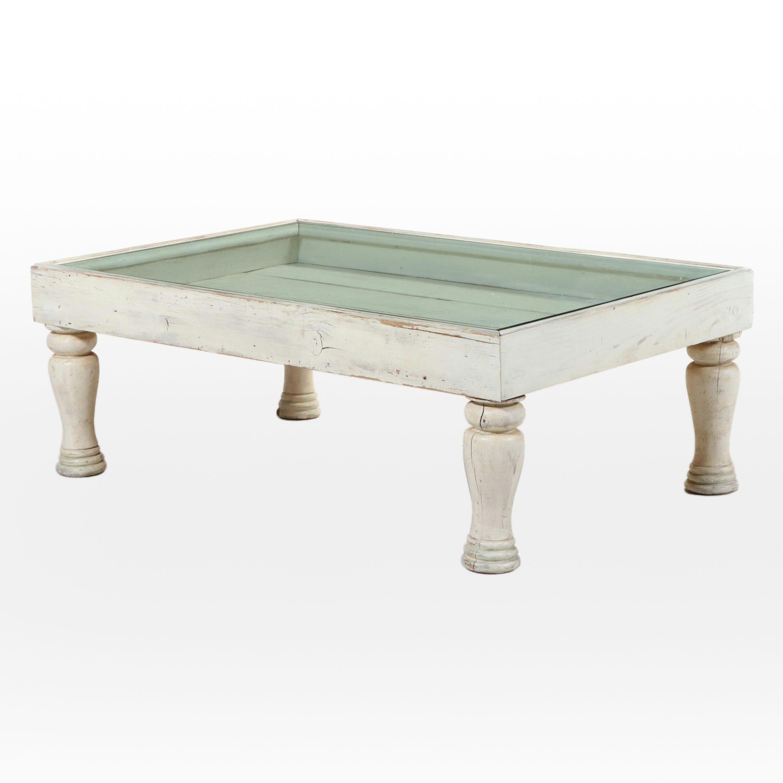 Farmhouse Style Painted and Reclaimed Pine and Glass Top Vitrine Coffee Table