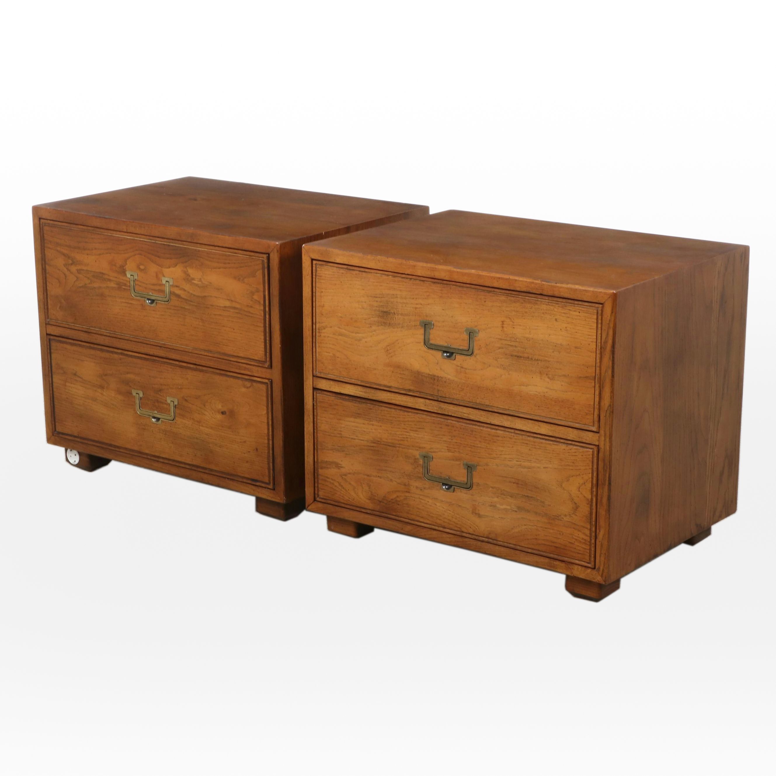 Pair of Henredon "Artefacts" Campaign Style Oak Two-Drawer Nightstands