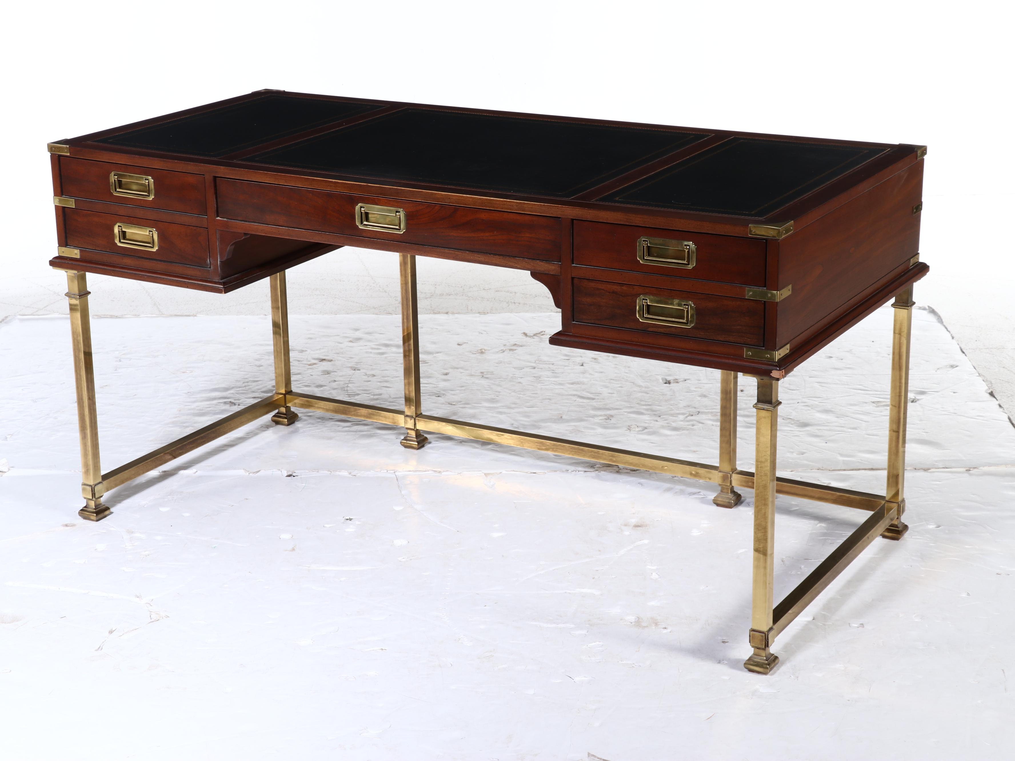 Sligh Campaign Style Mahogany and Brass Desk with Chair