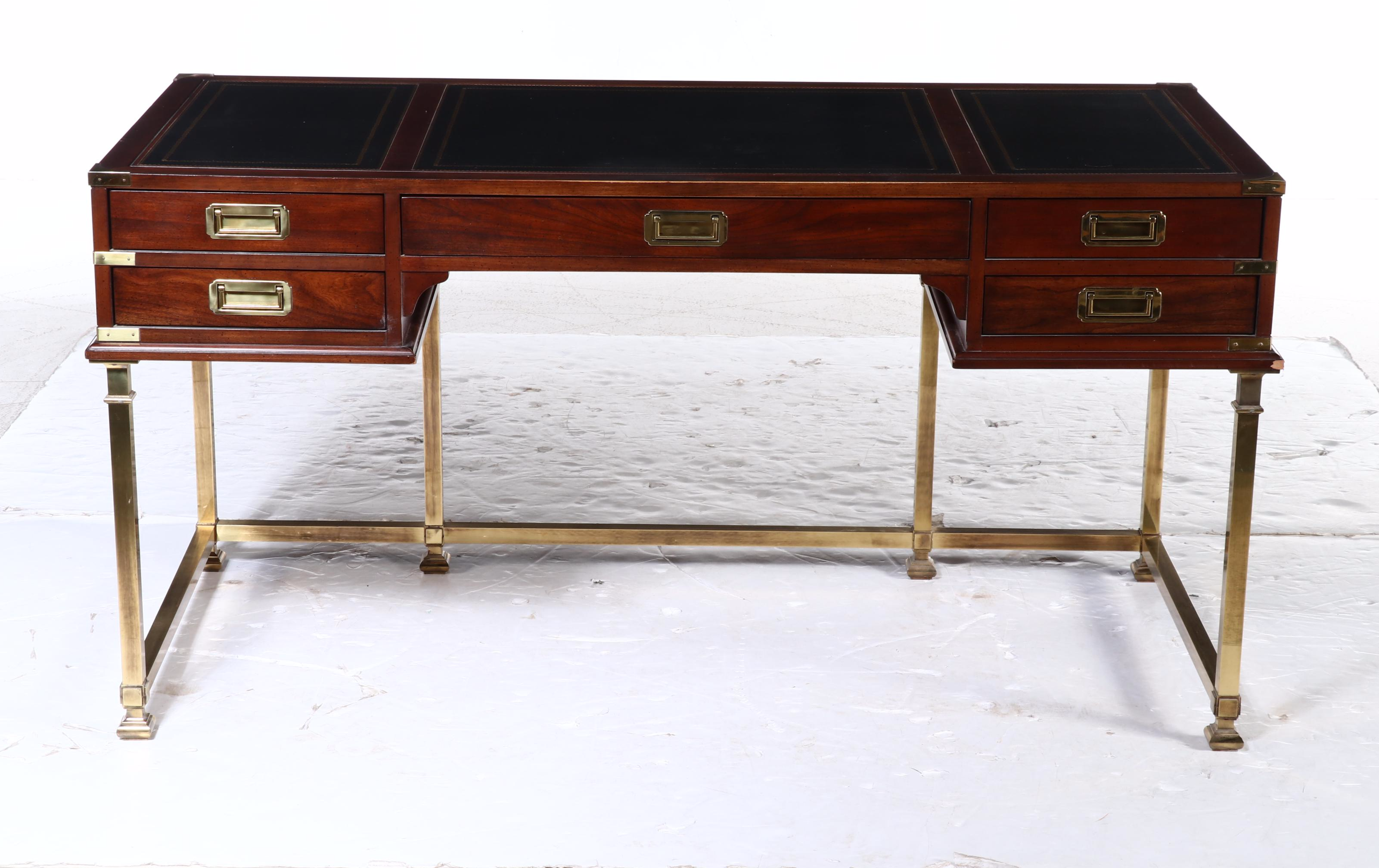 Sligh Campaign Style Mahogany and Brass Desk with Chair