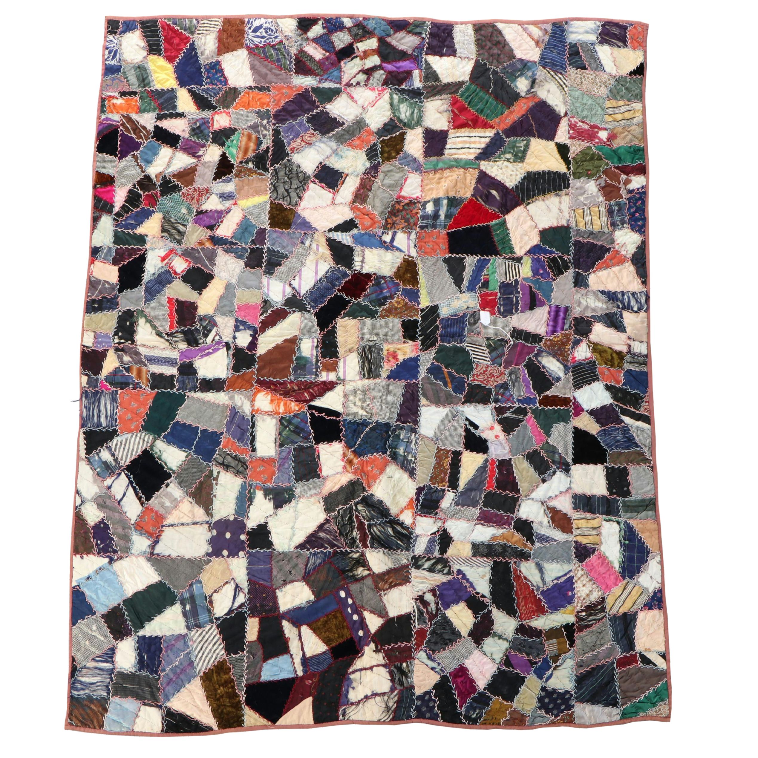 Victorian Handmade "Crazy Quilt" Appliqué and Embroidered Quilt