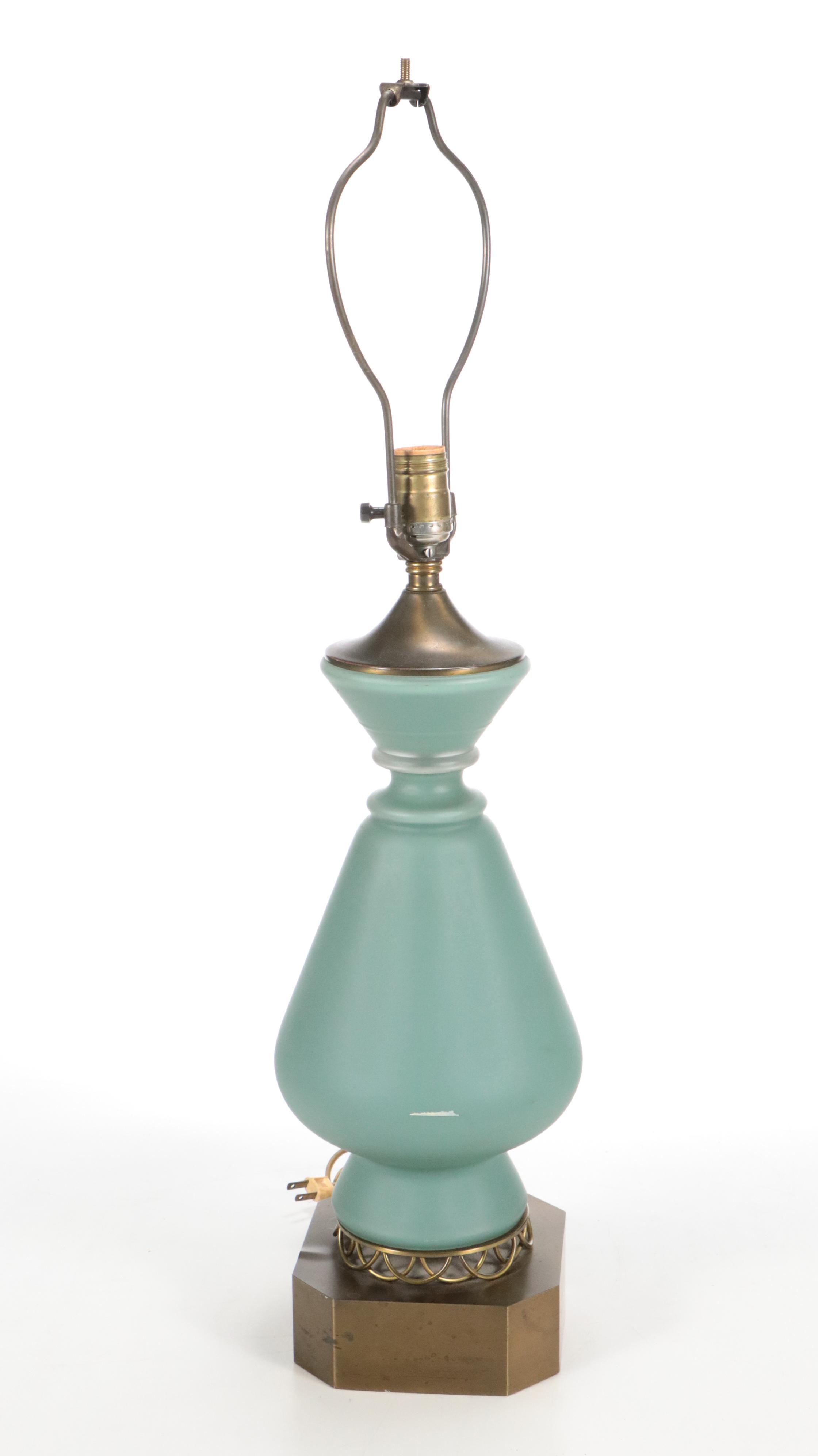 Blue Ceramic and Brass Table Lamp with Silk Drum Shade, Mid-20th C