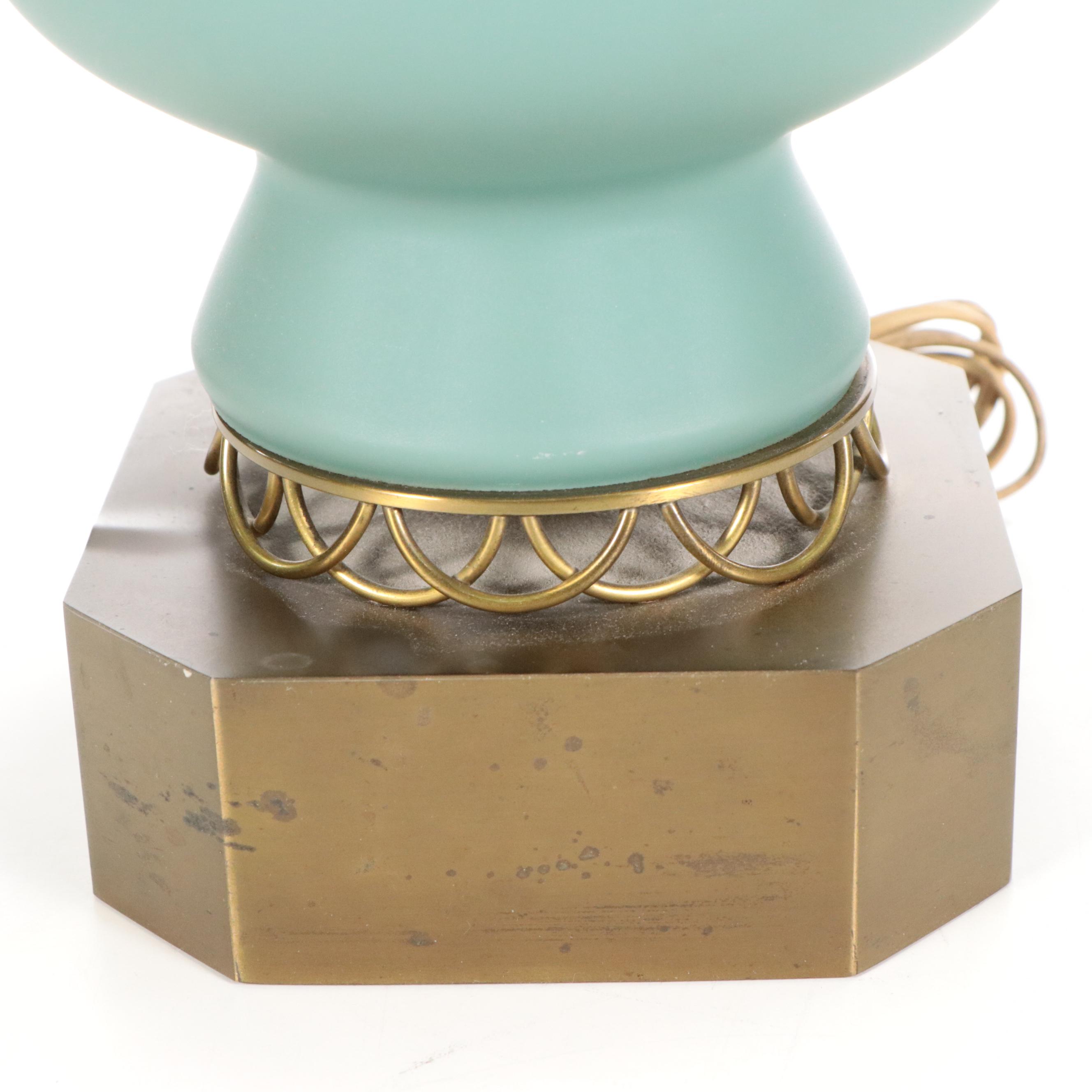 Blue Ceramic and Brass Table Lamp with Silk Drum Shade, Mid-20th C