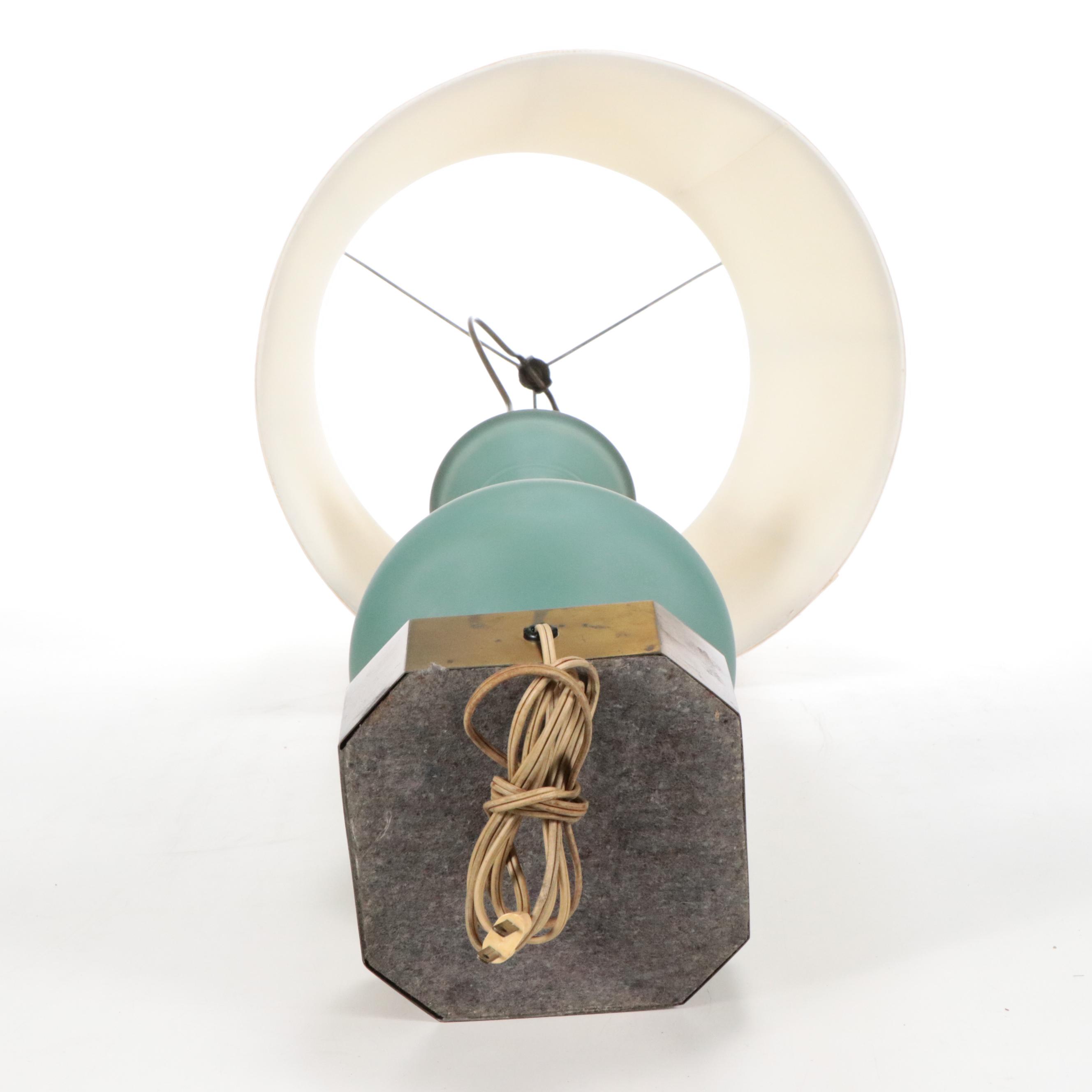 Blue Ceramic and Brass Table Lamp with Silk Drum Shade, Mid-20th C