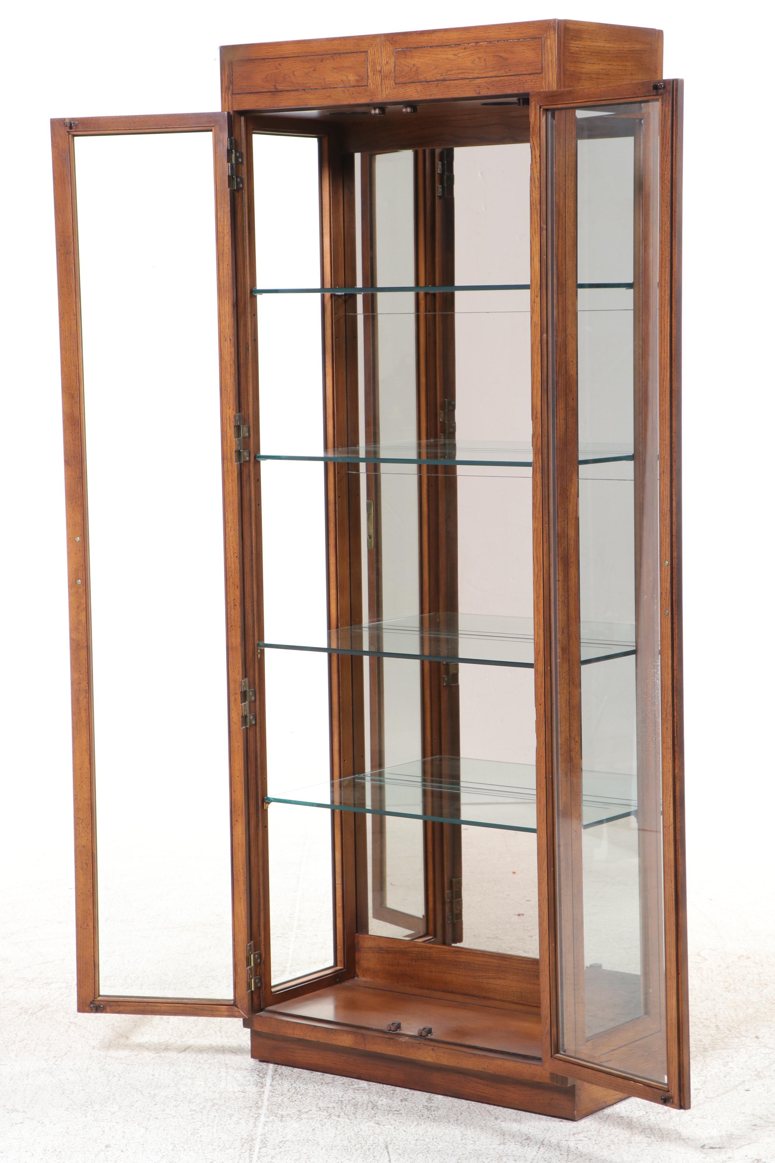 Henredon Wooden Campaign Style Illuminated Curio Cabinet
