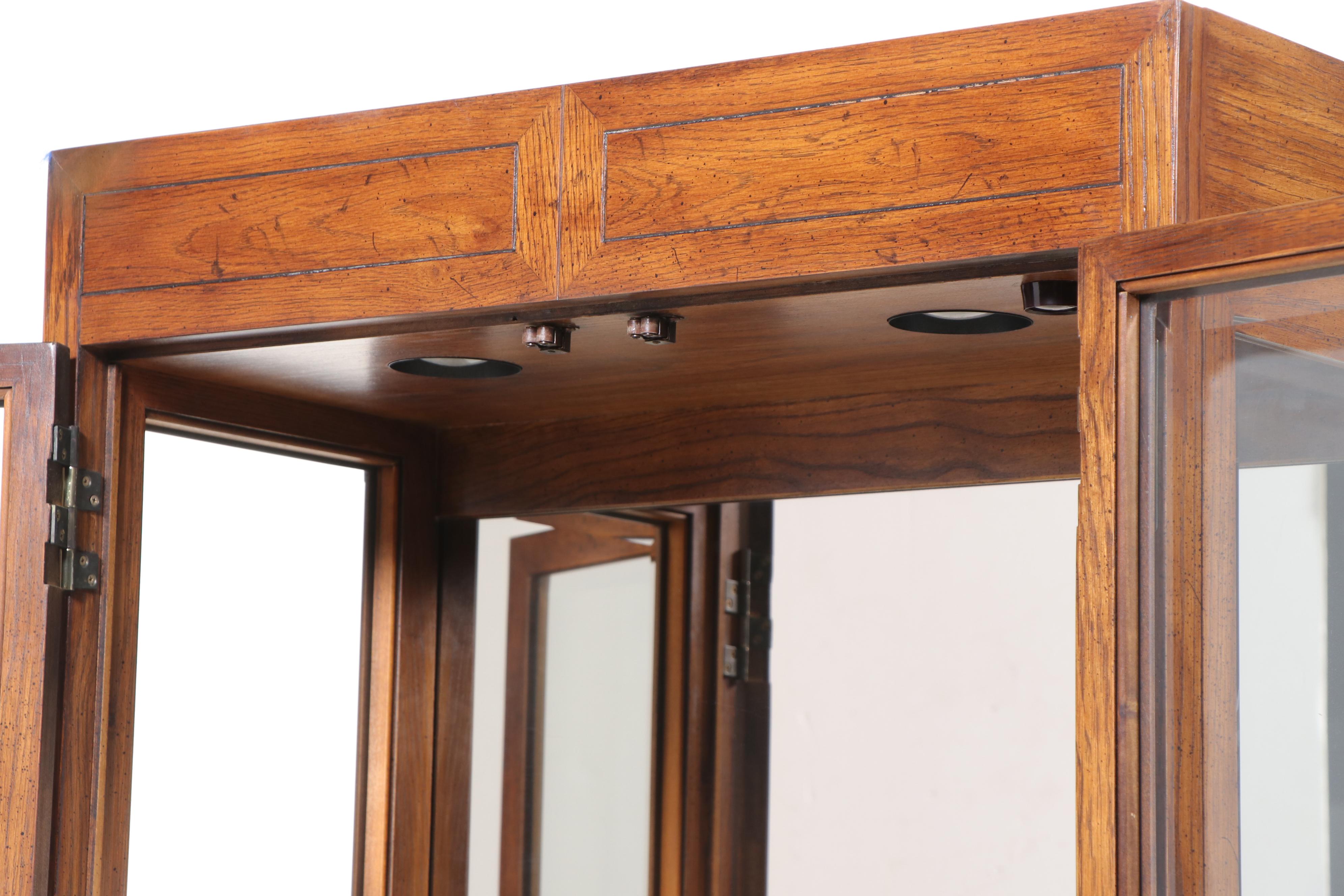 Henredon Wooden Campaign Style Illuminated Curio Cabinet