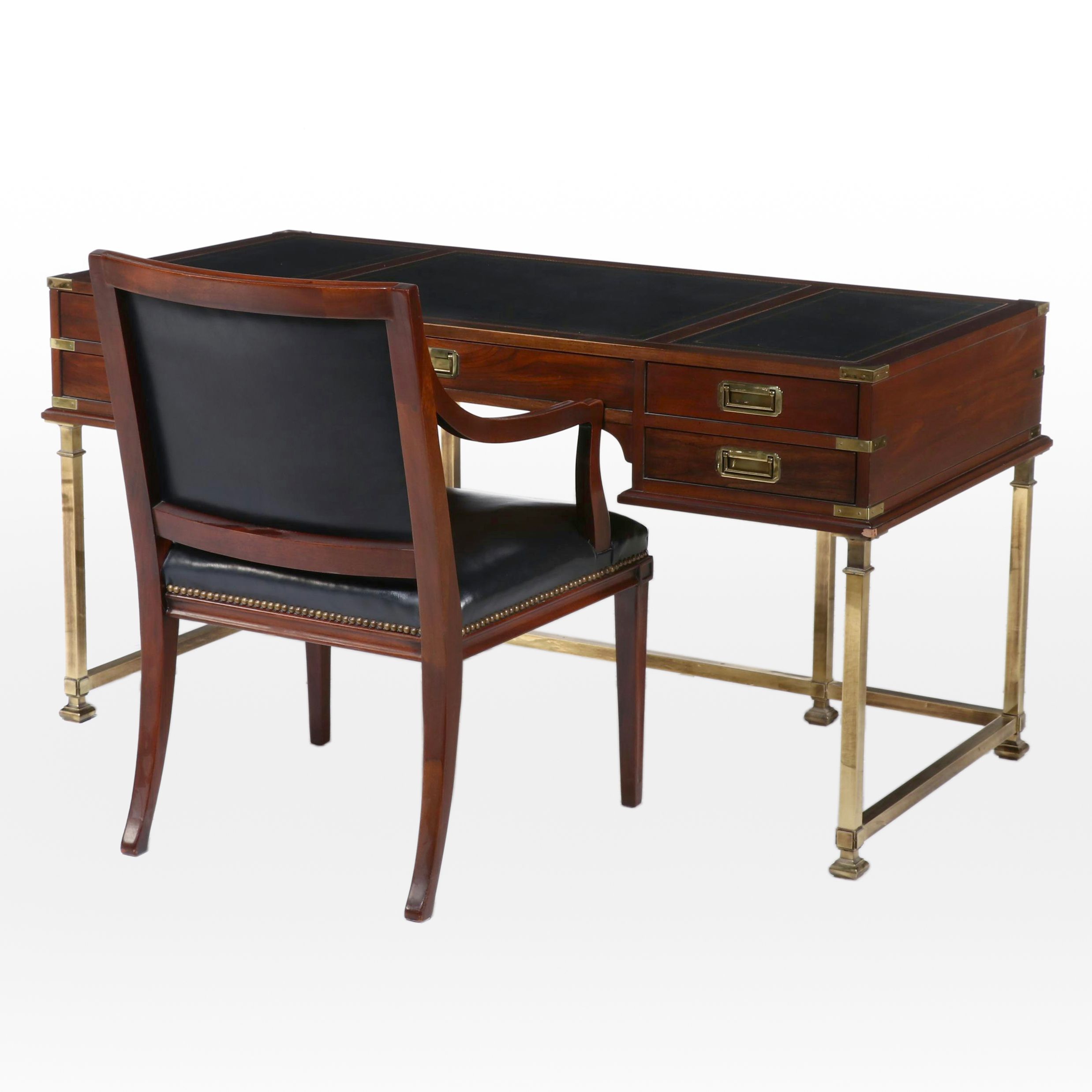 Sligh Campaign Style Mahogany and Brass Desk with Chair