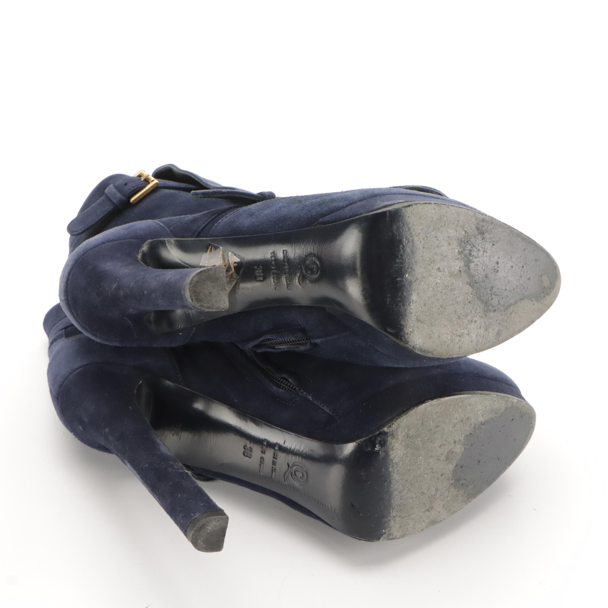 Alexander McQueen Navy Blue Suede High Heel Platform Ankle Boots