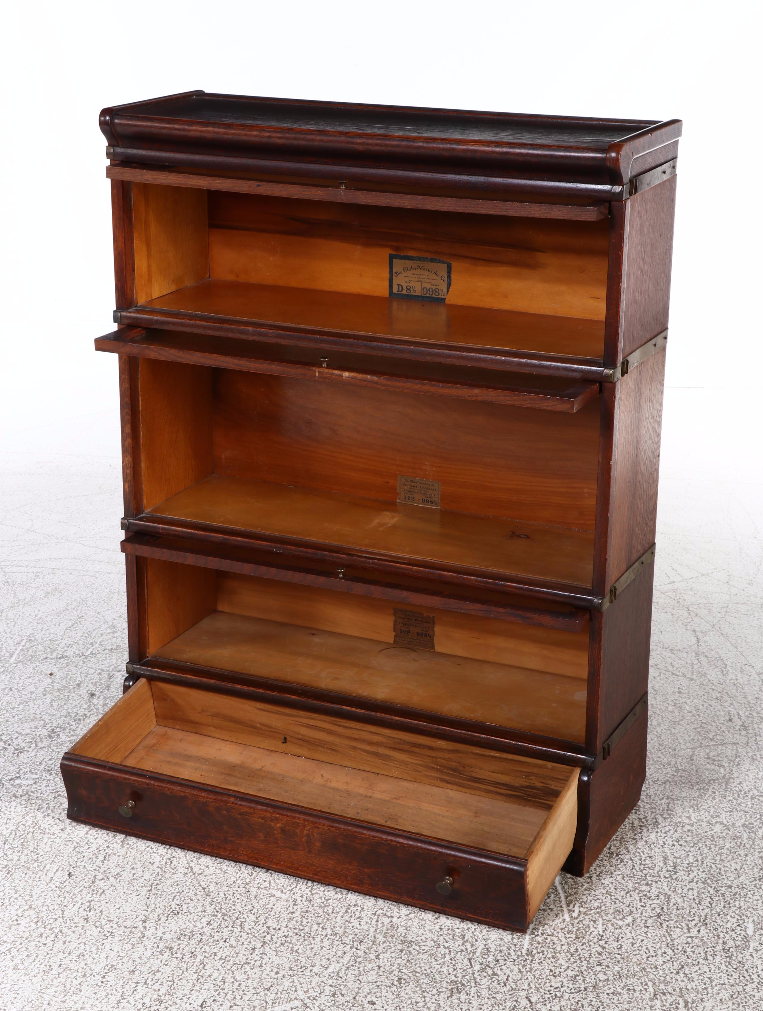 Globe-Wernicke Quartersawn Oak Three-Stack Barrister's Bookcase w/ Base Drawer