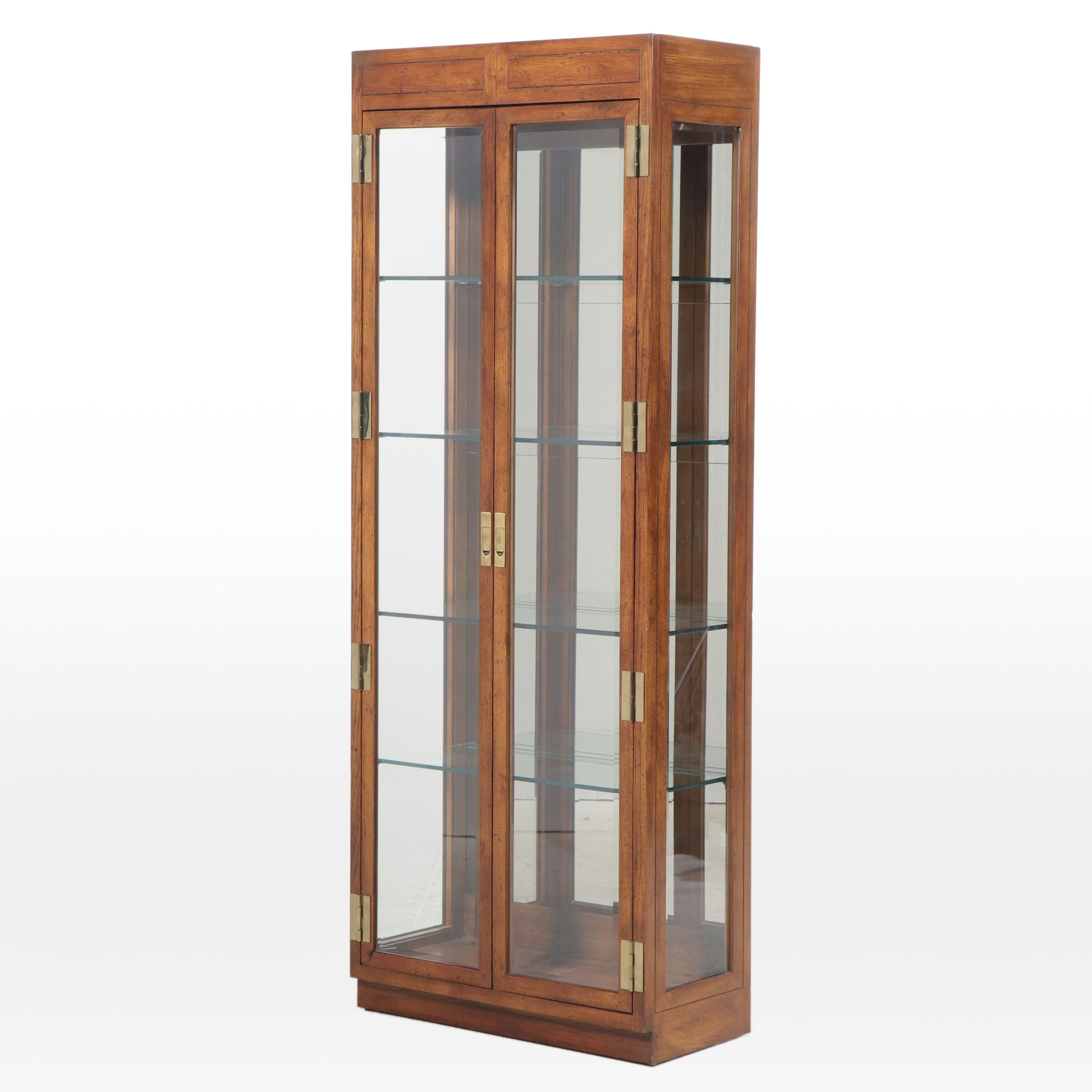 Henredon Wooden Campaign Style Illuminated Curio Cabinet