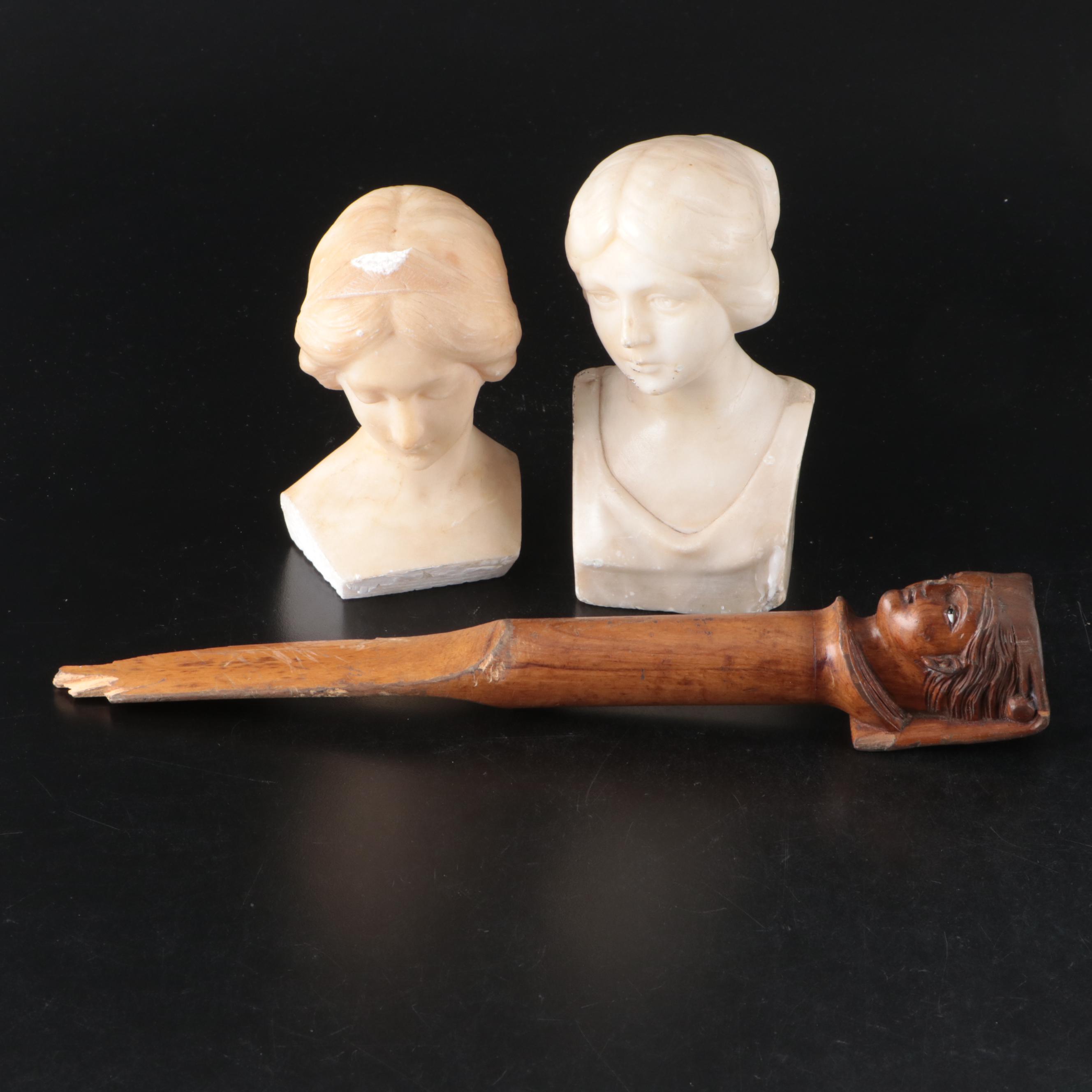 Art Nouveau Style Carved Stone Busts and Olive Wood Letter Opener
