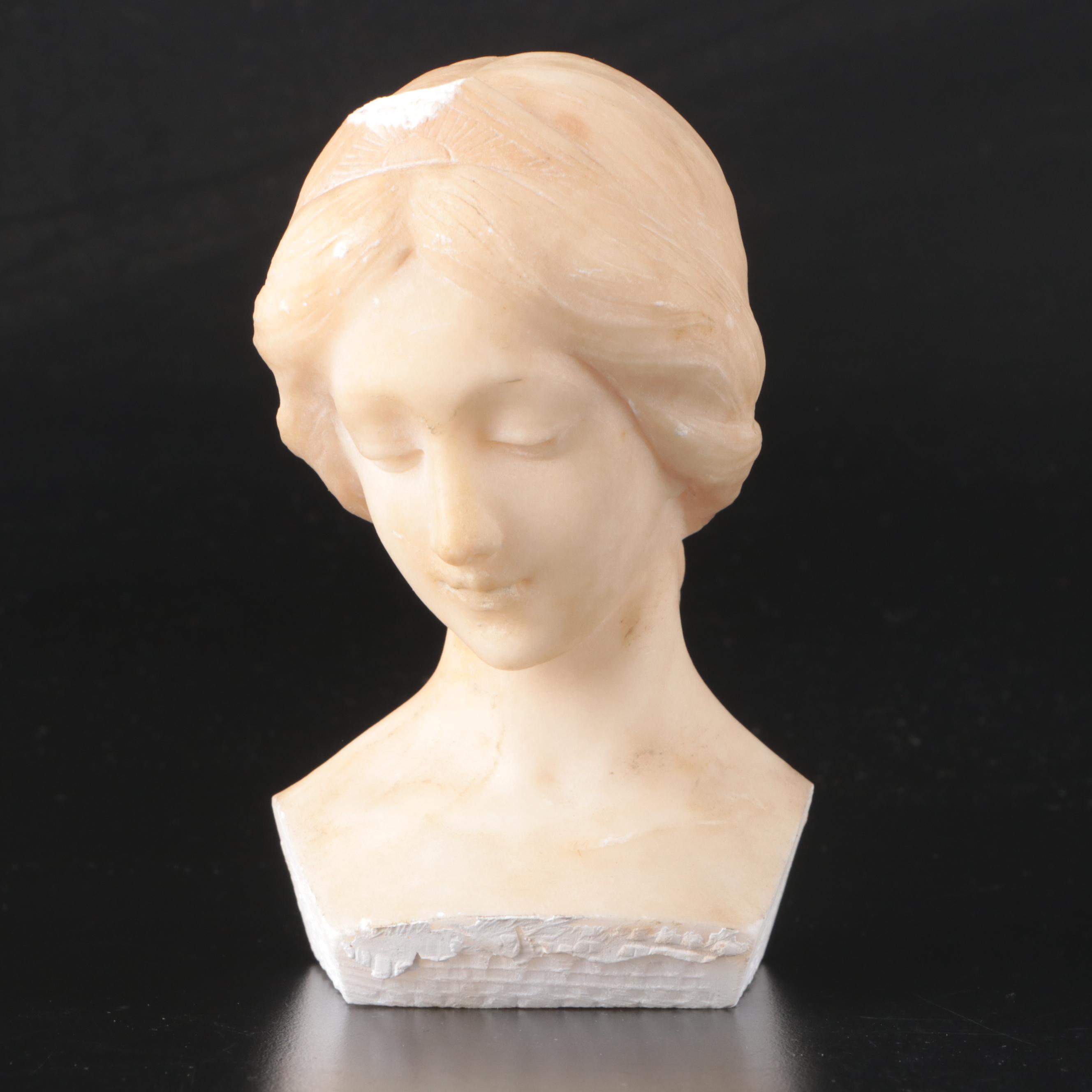 Art Nouveau Style Carved Stone Busts and Olive Wood Letter Opener