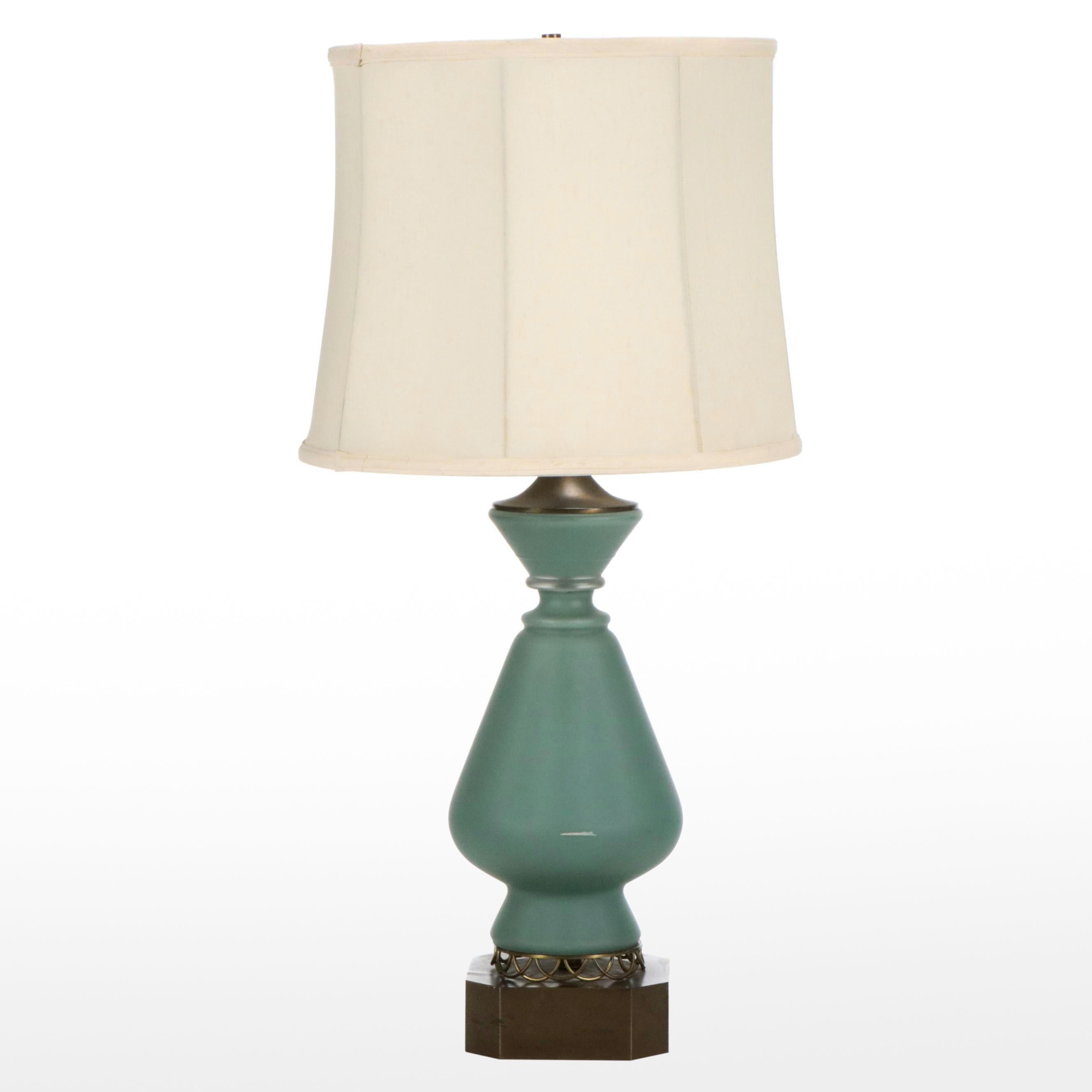 Blue Ceramic and Brass Table Lamp with Silk Drum Shade, Mid-20th C