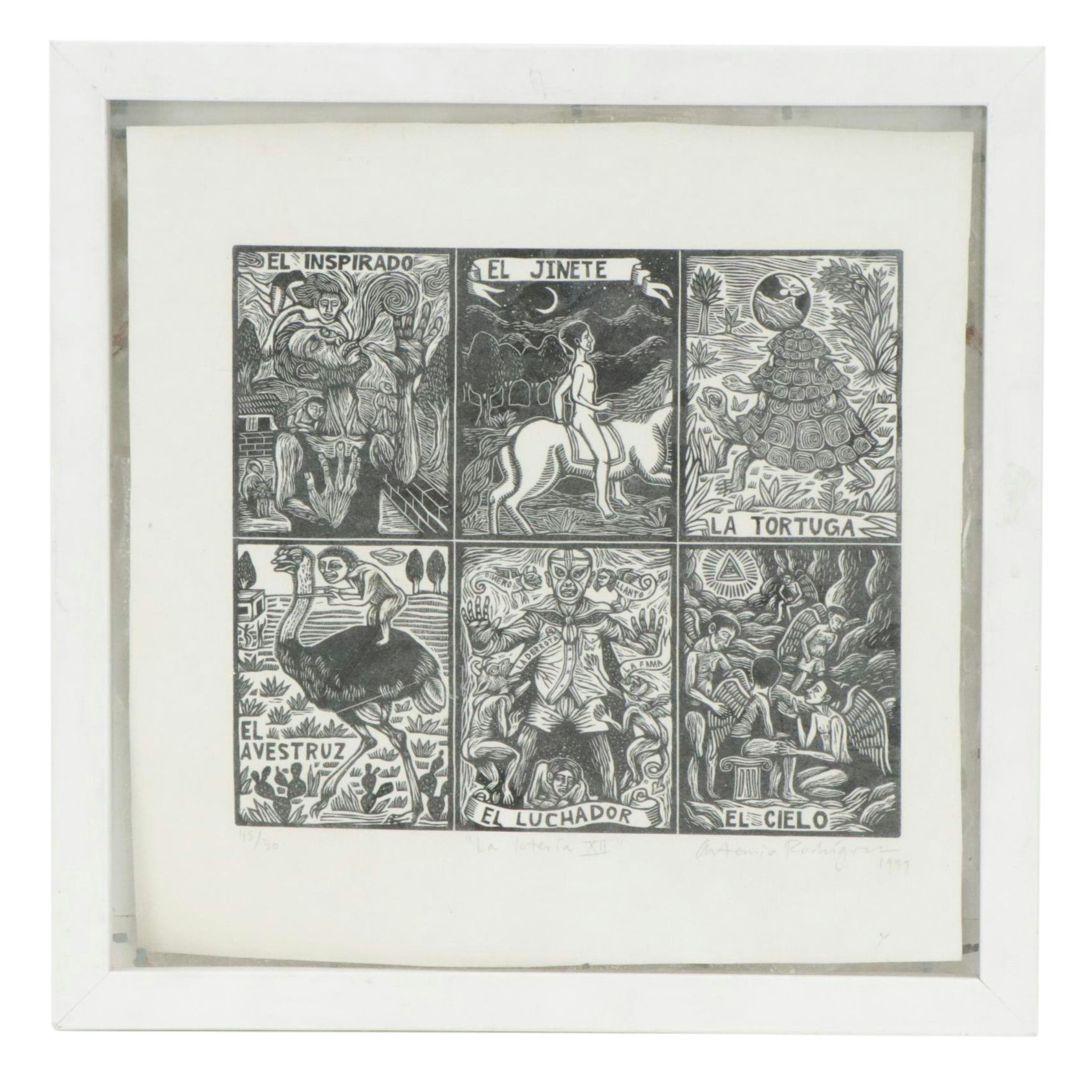Antonio Rodriguez Linocut "La Loteria XII," 1999