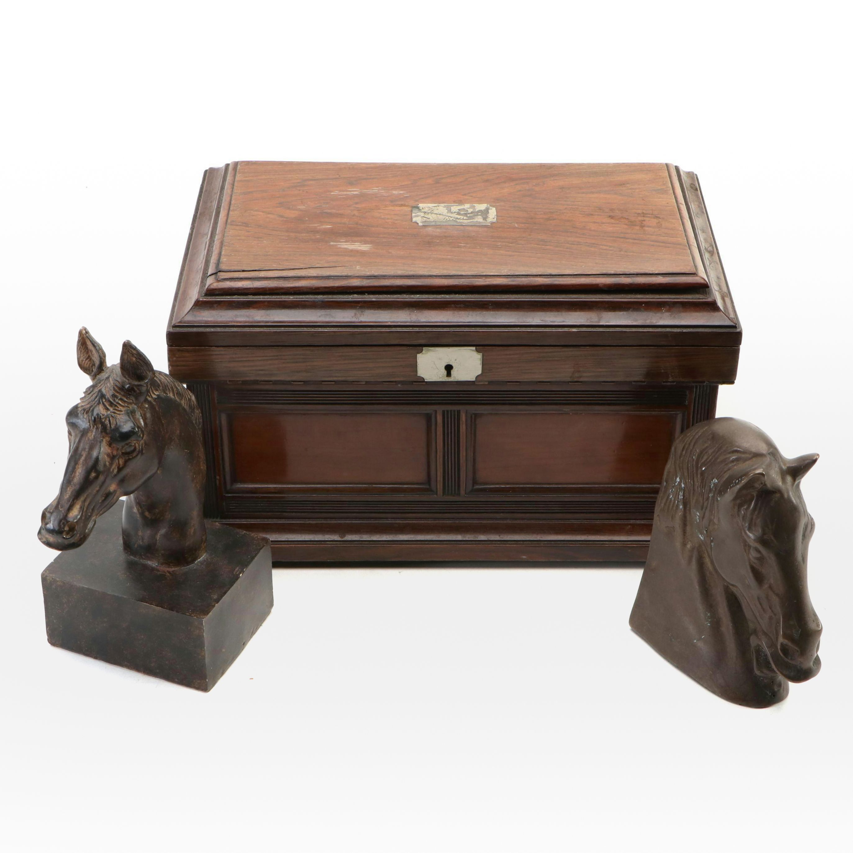 Victorian Personalized Rosewood Panel Jewelry Box & Vintage Horse Head Bookends