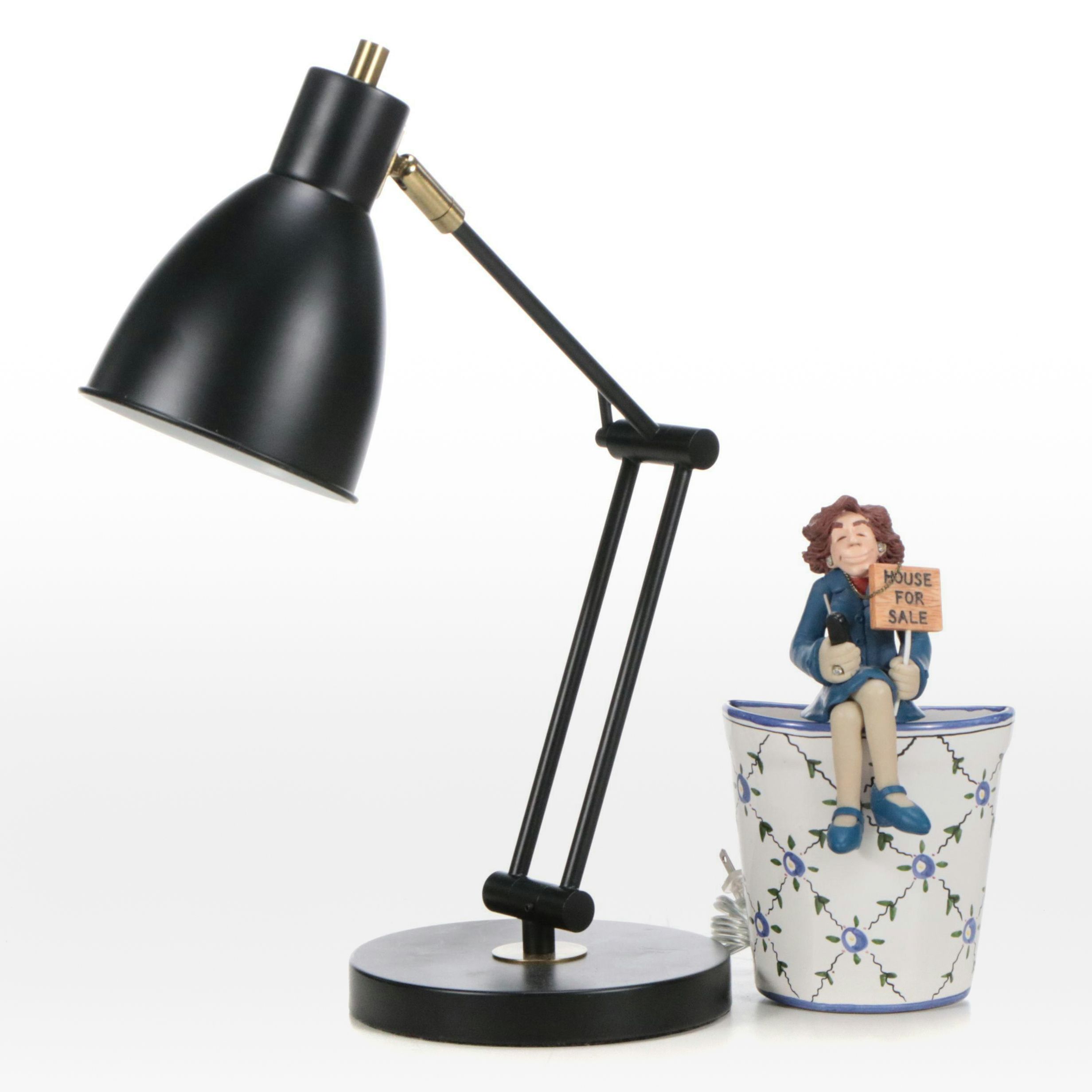 Cantilever Desk Lamp with Ceramic Figurine and Wall Pocket