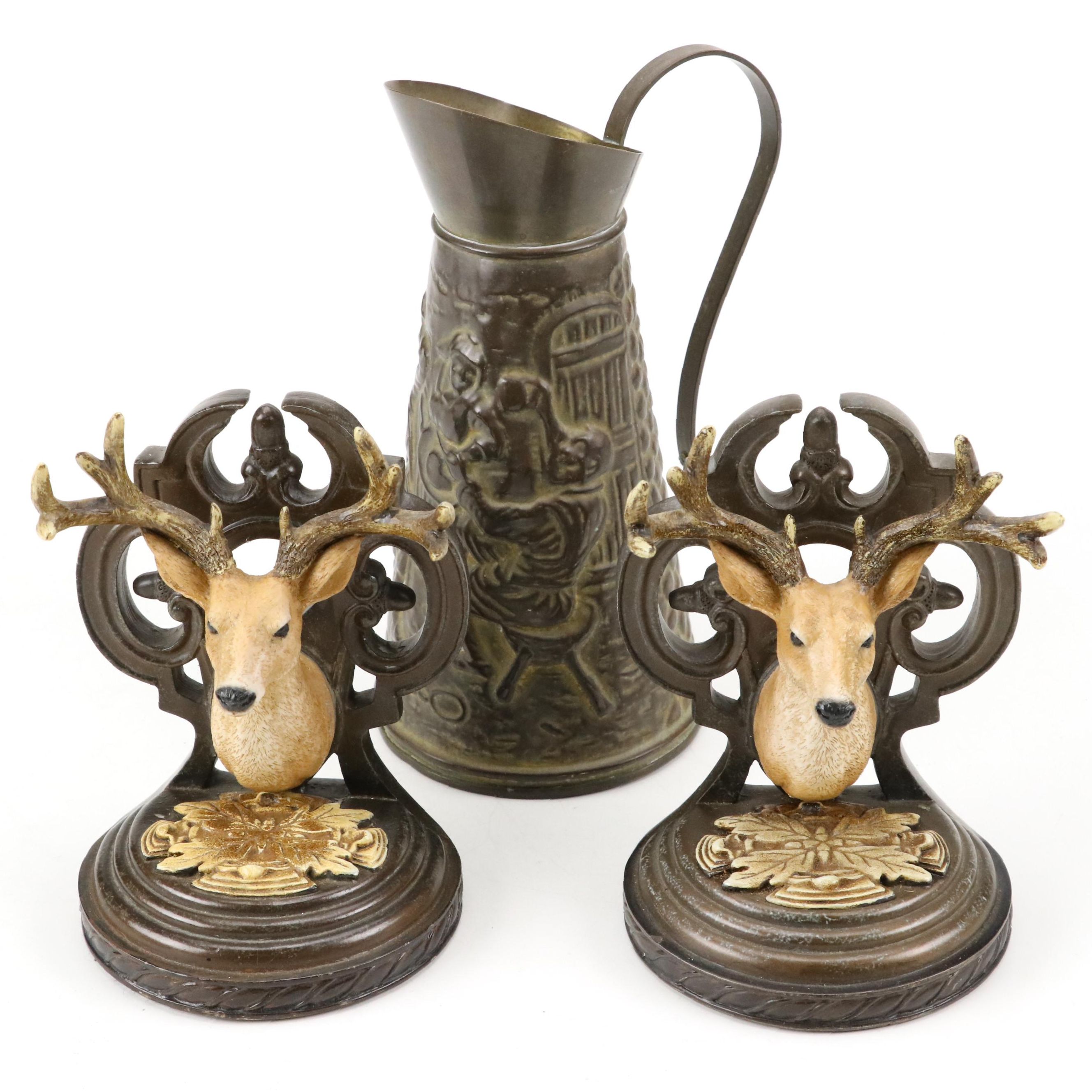 Embossed Metal Pitcher with Deer Head Book Ends