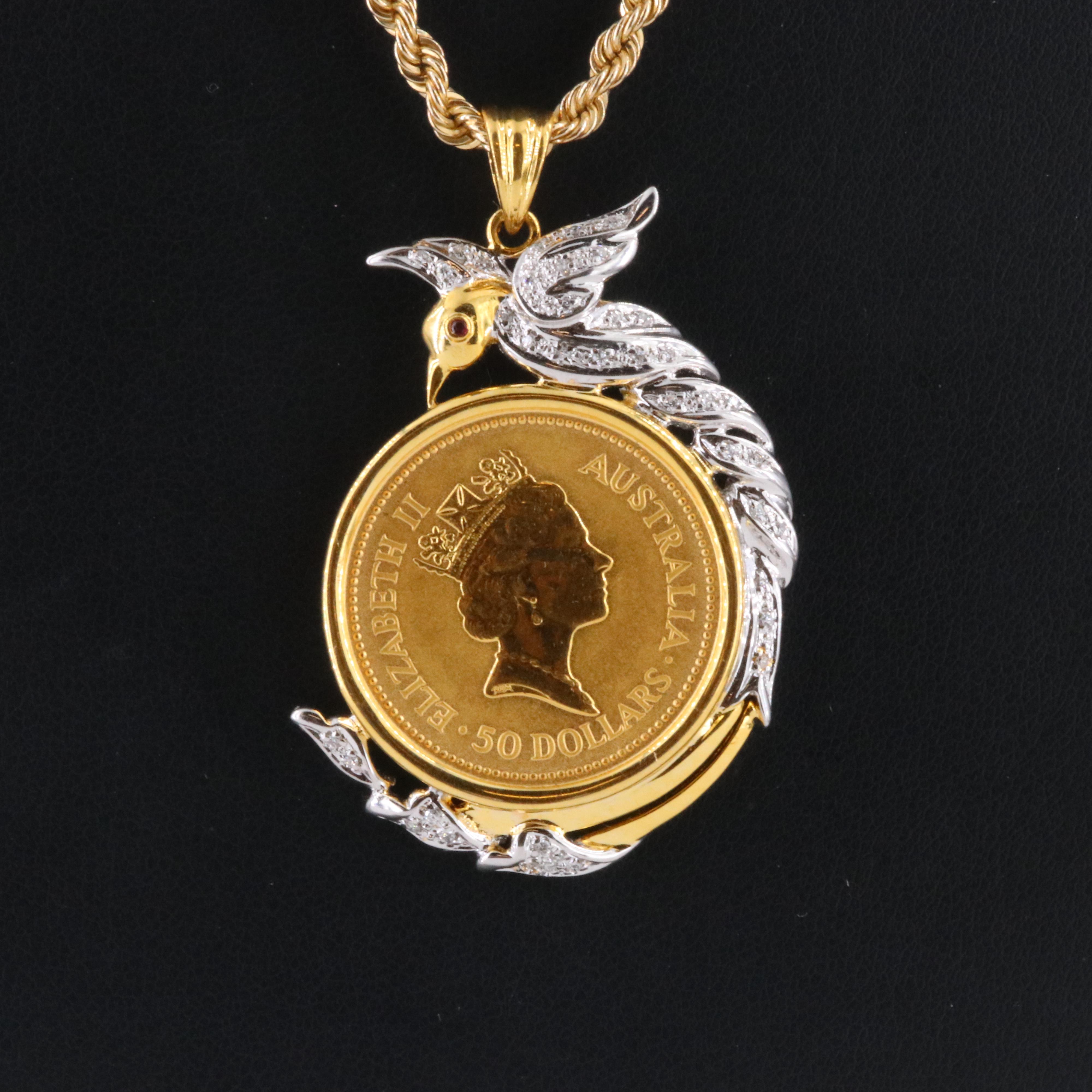 18K and 14K 0.20 CTW Diamond Quetzal Pendant with 1991 Australia $50 Gold Coin