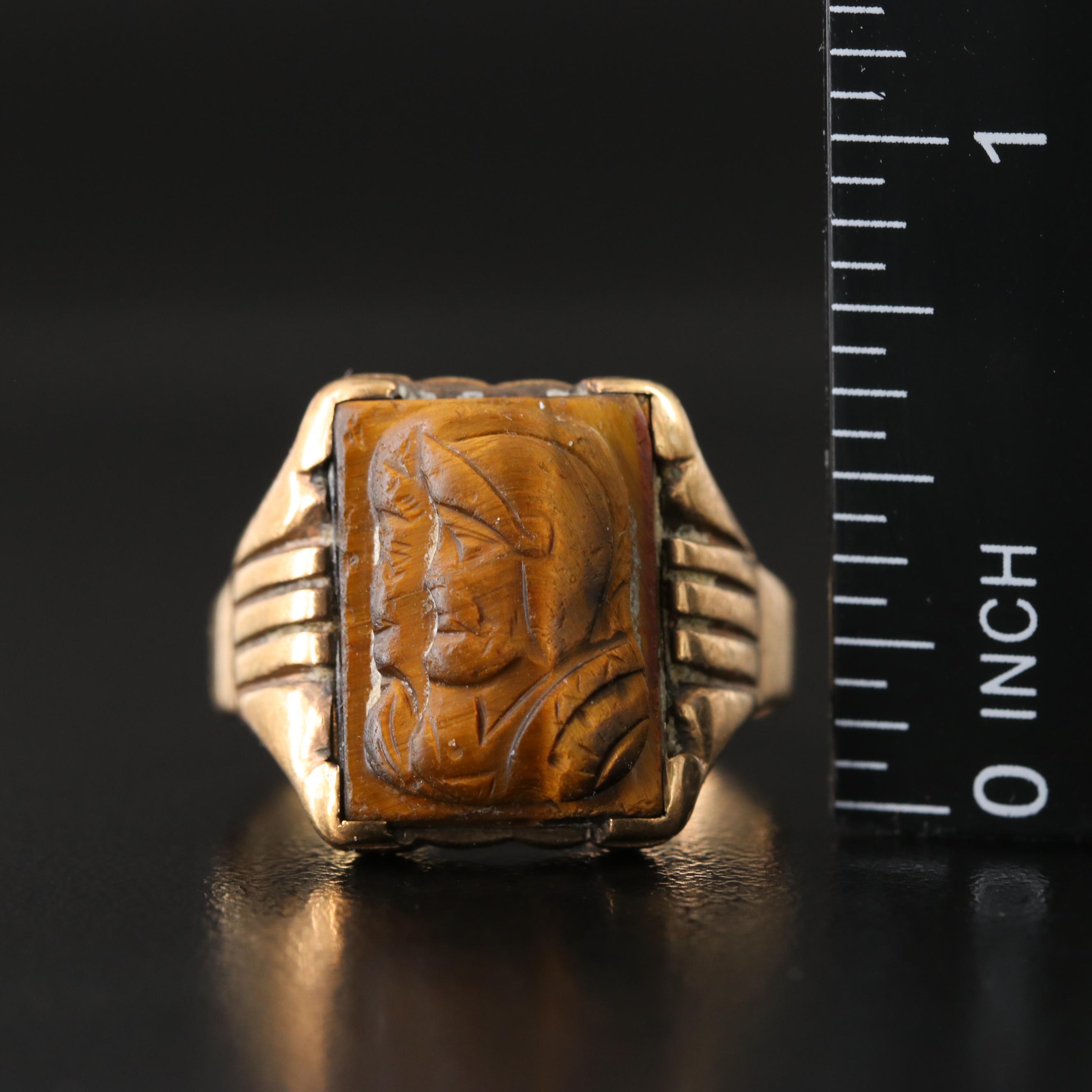 Vintage 10K Tiger's Eye Double Cameo Ring