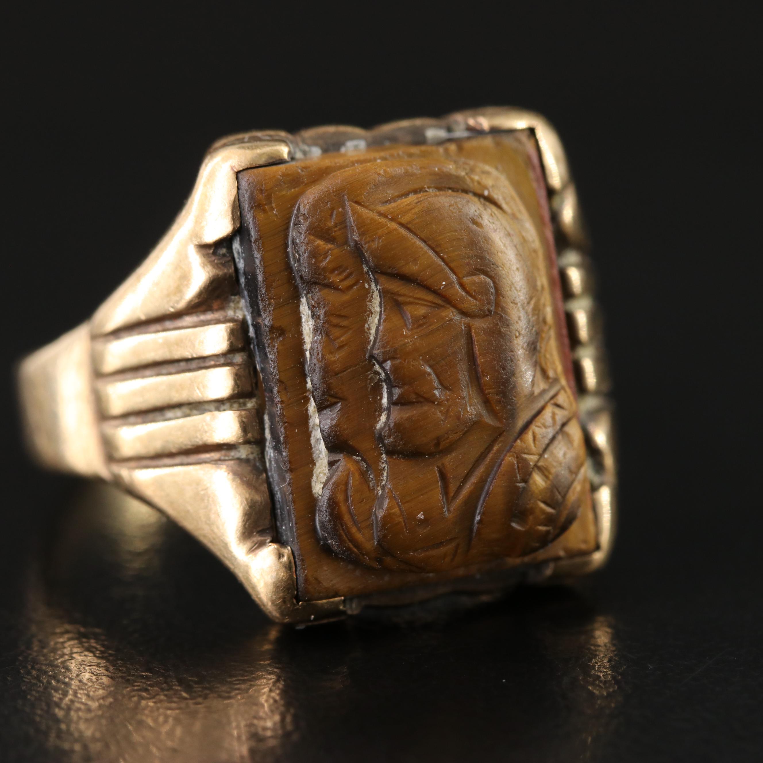 Vintage 10K Tiger's Eye Double Cameo Ring