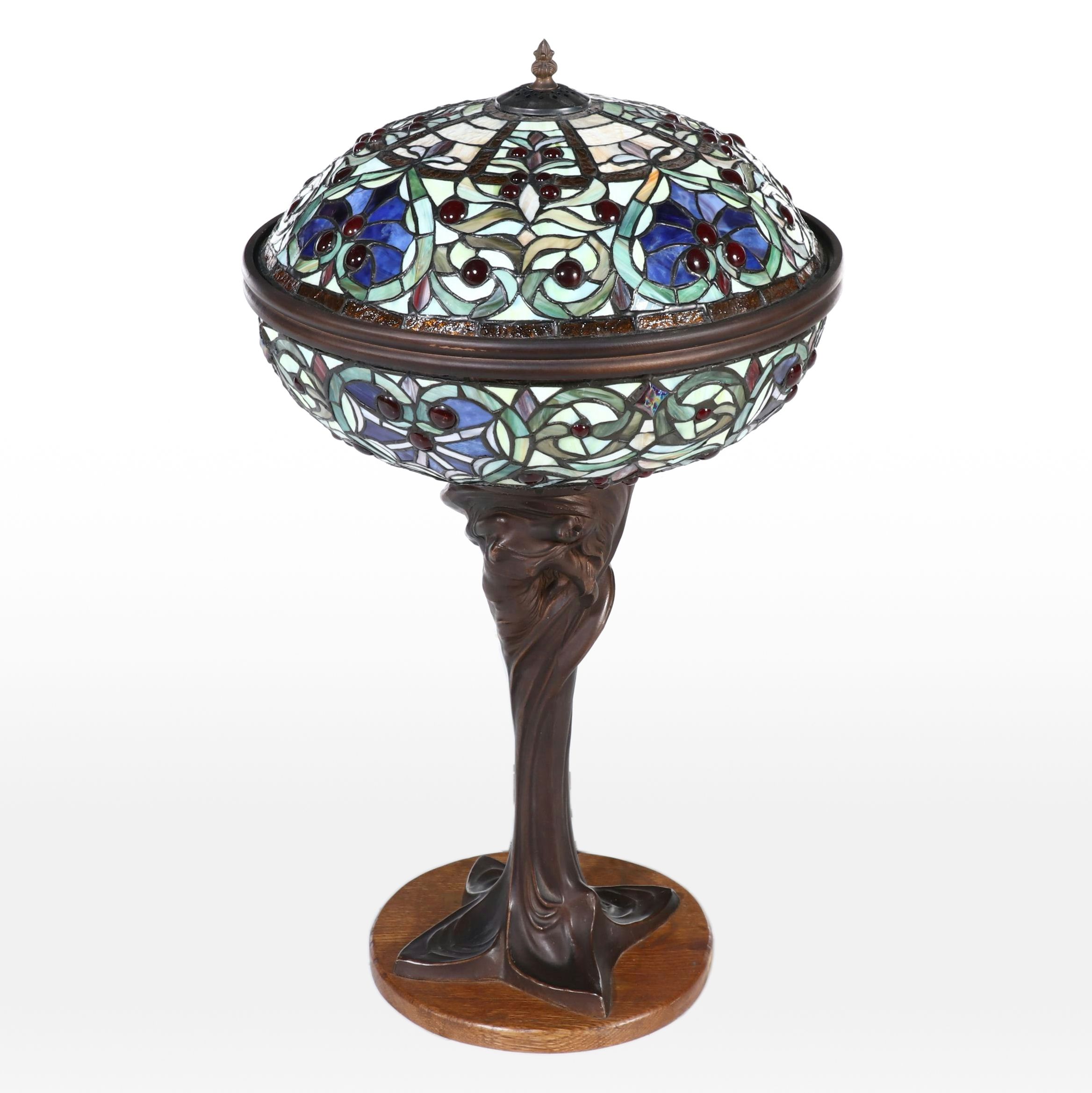 Art Nouveau Style Slag Glass and Metal Table Lamp