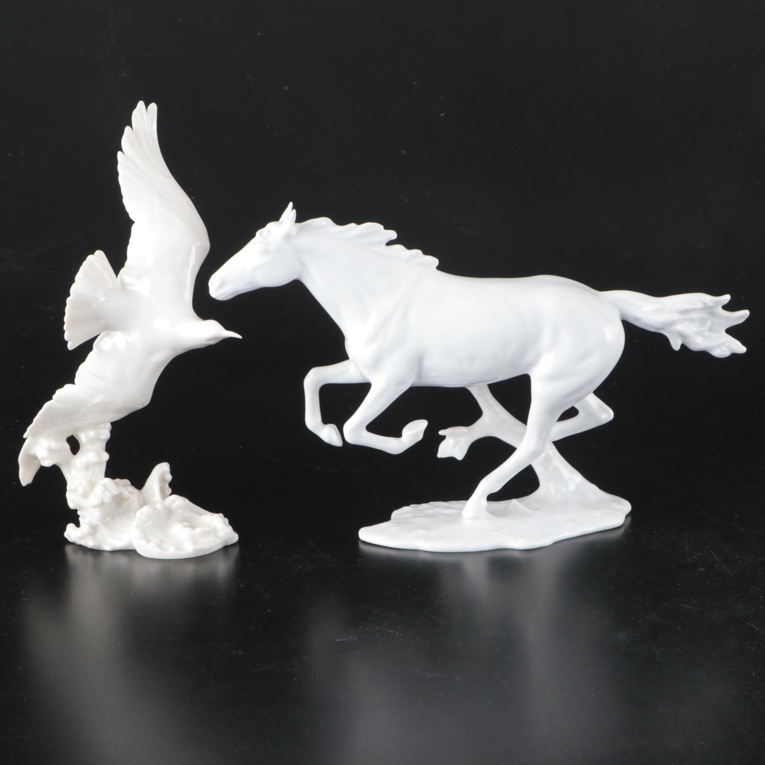 Kaiser Porcelain Horse and Hutschenreuther Porcelain Bird Figurines