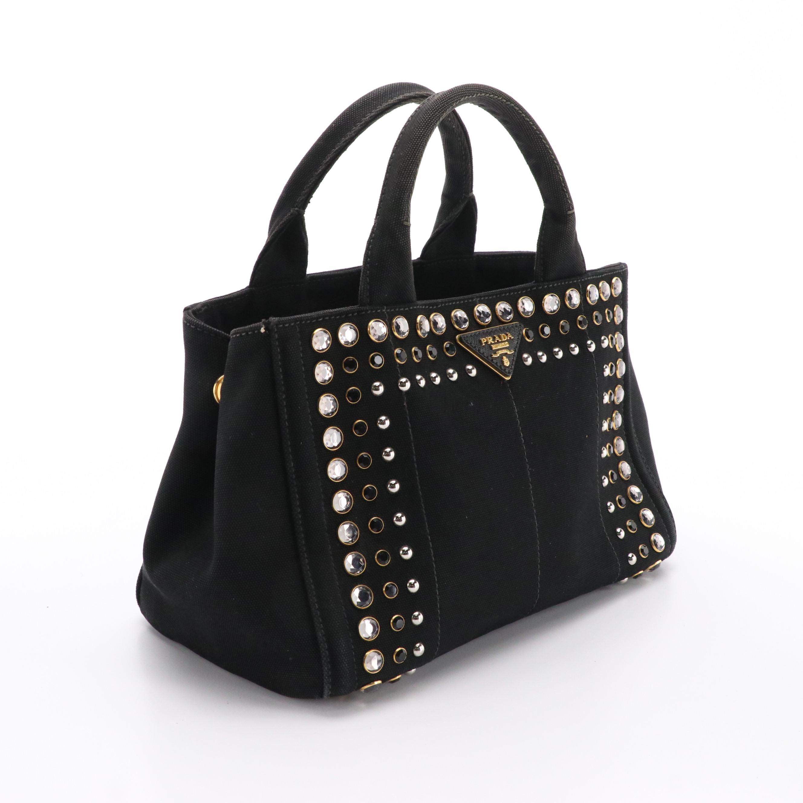 Prada Studded Canapa Canvas Small Tote