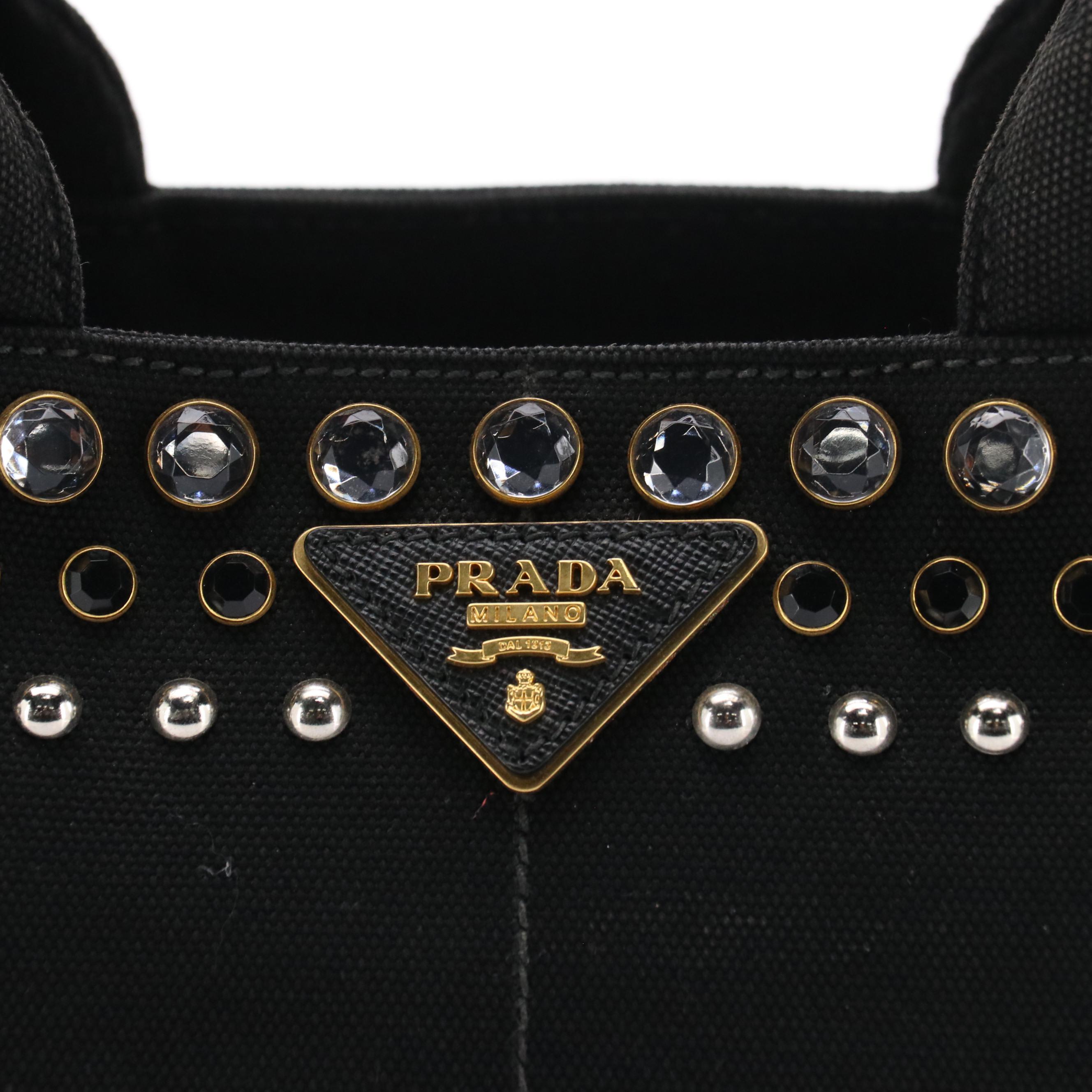 Prada Studded Canapa Canvas Small Tote