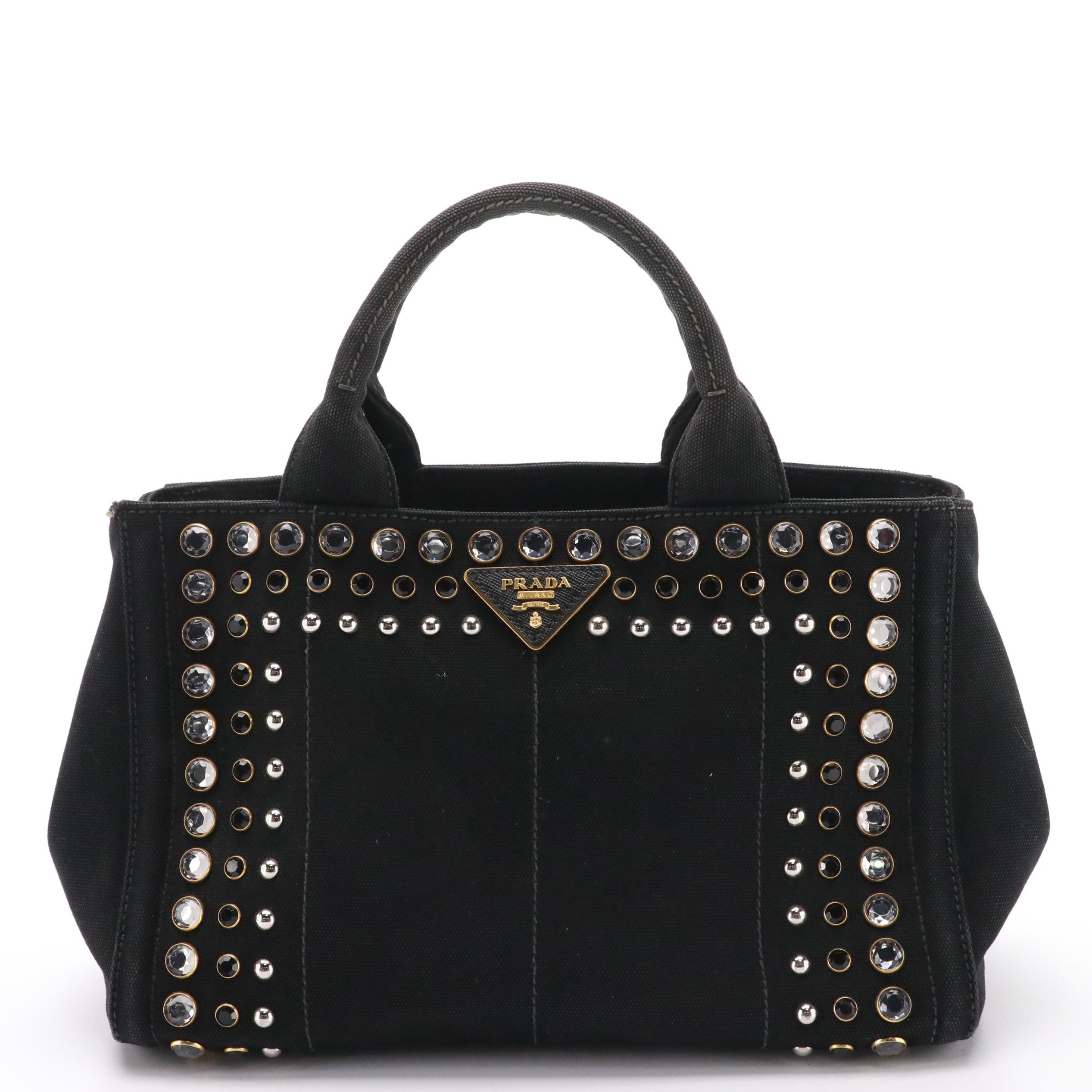Prada Studded Canapa Canvas Small Tote