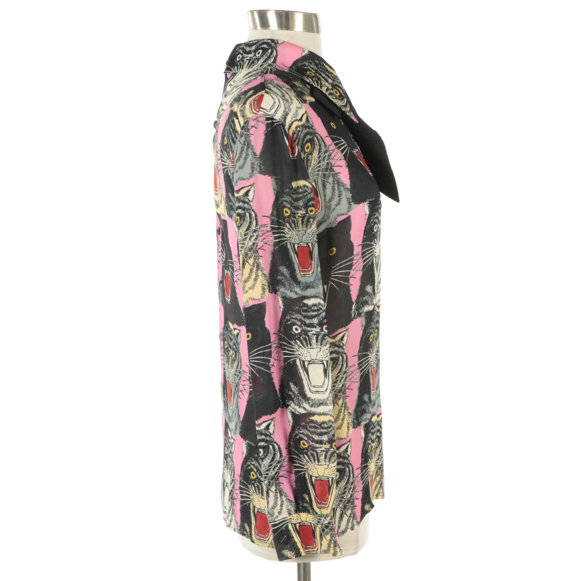 Gucci Panther and Tiger Print Blouse with Flat Bow