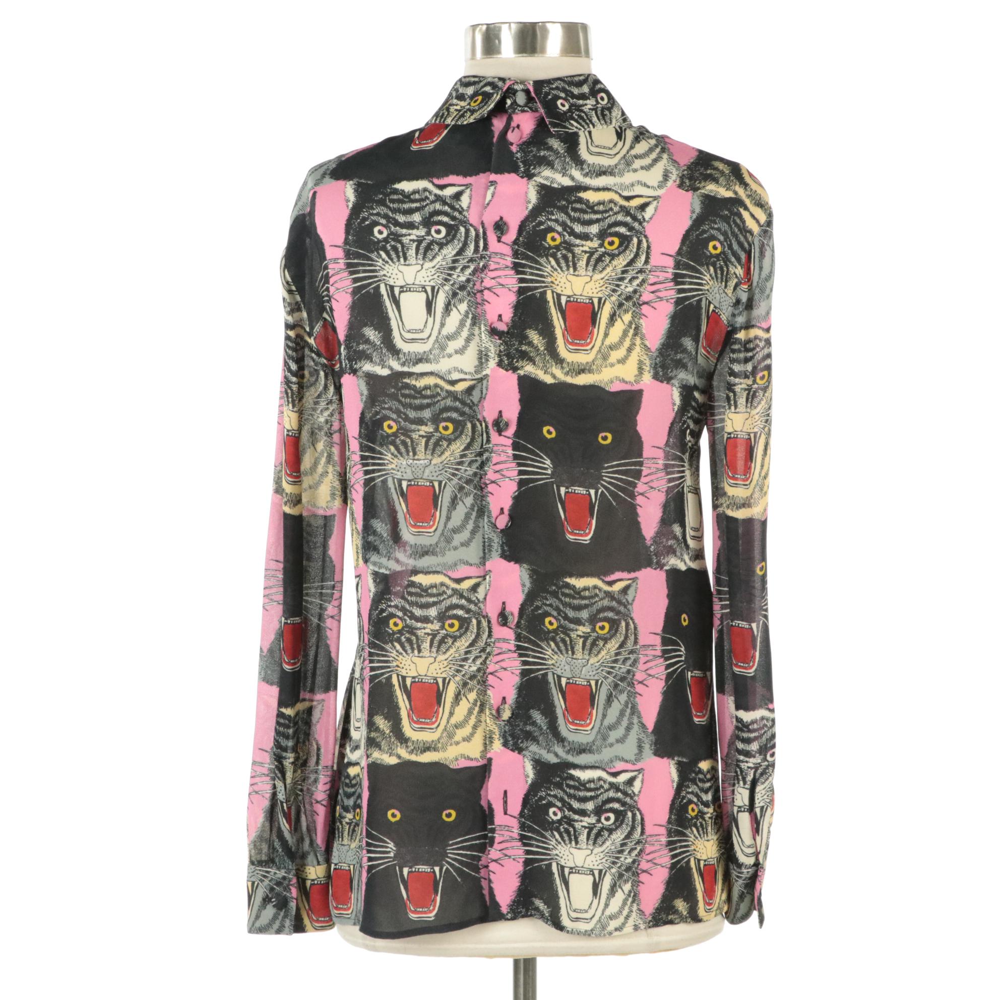 Gucci Panther and Tiger Print Blouse with Flat Bow