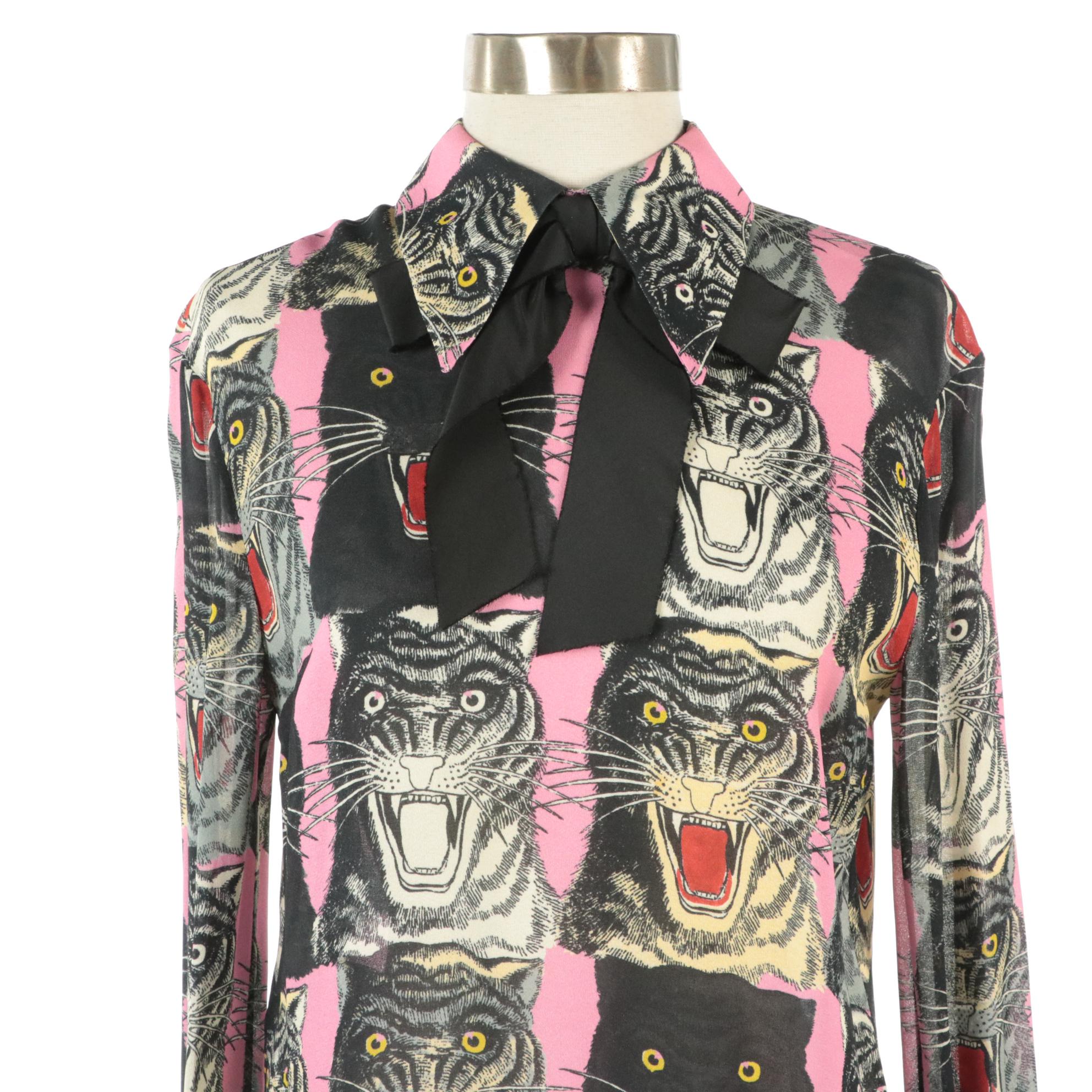 Gucci Panther and Tiger Print Blouse with Flat Bow