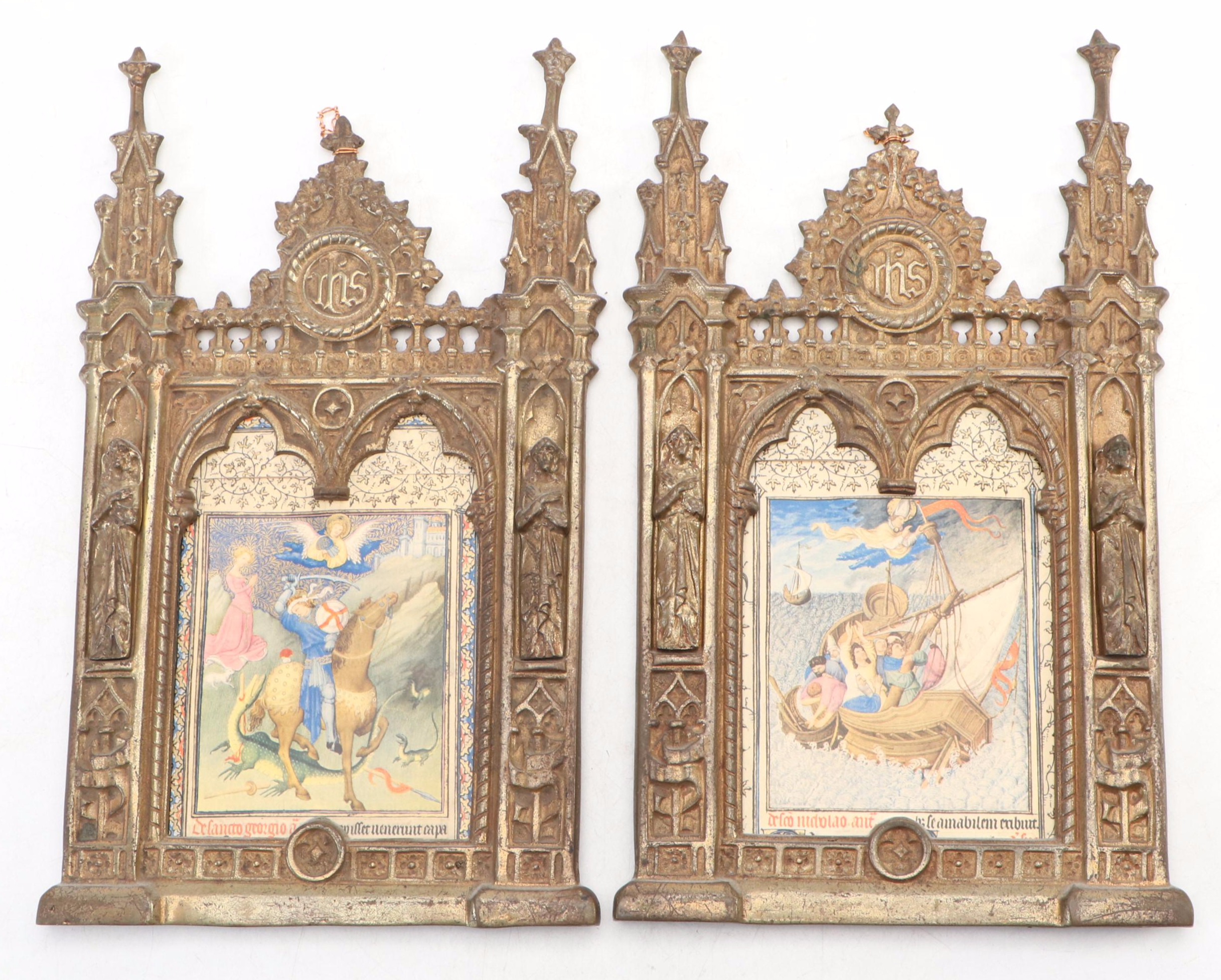 Gothic Revival Triptych and Framed Manuscripts